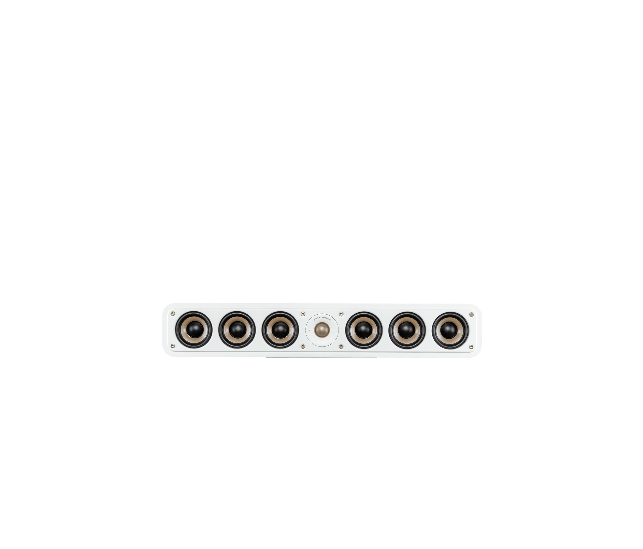 Boxa centru Polk Audio Signature Elite ES35, vedere frontală, albă, cu șase difuzoare și un tweeter central.