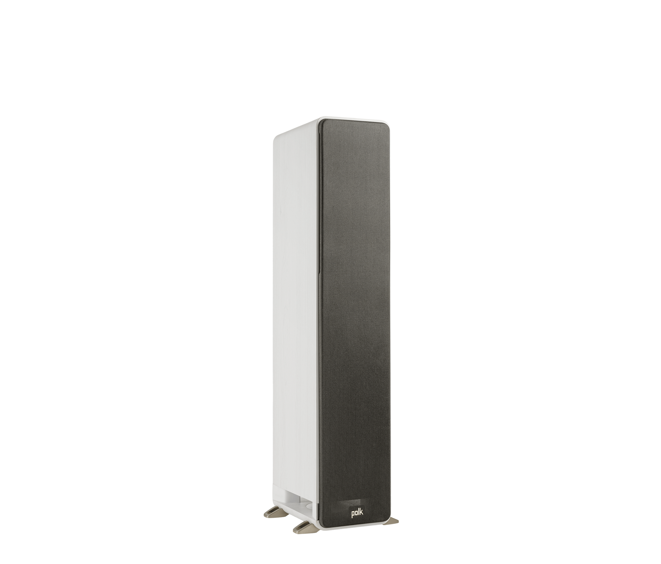 Boxa de podea Polk Audio Signature Elite ES50, albă, vedere din dreapta, grilaj frontal negru.