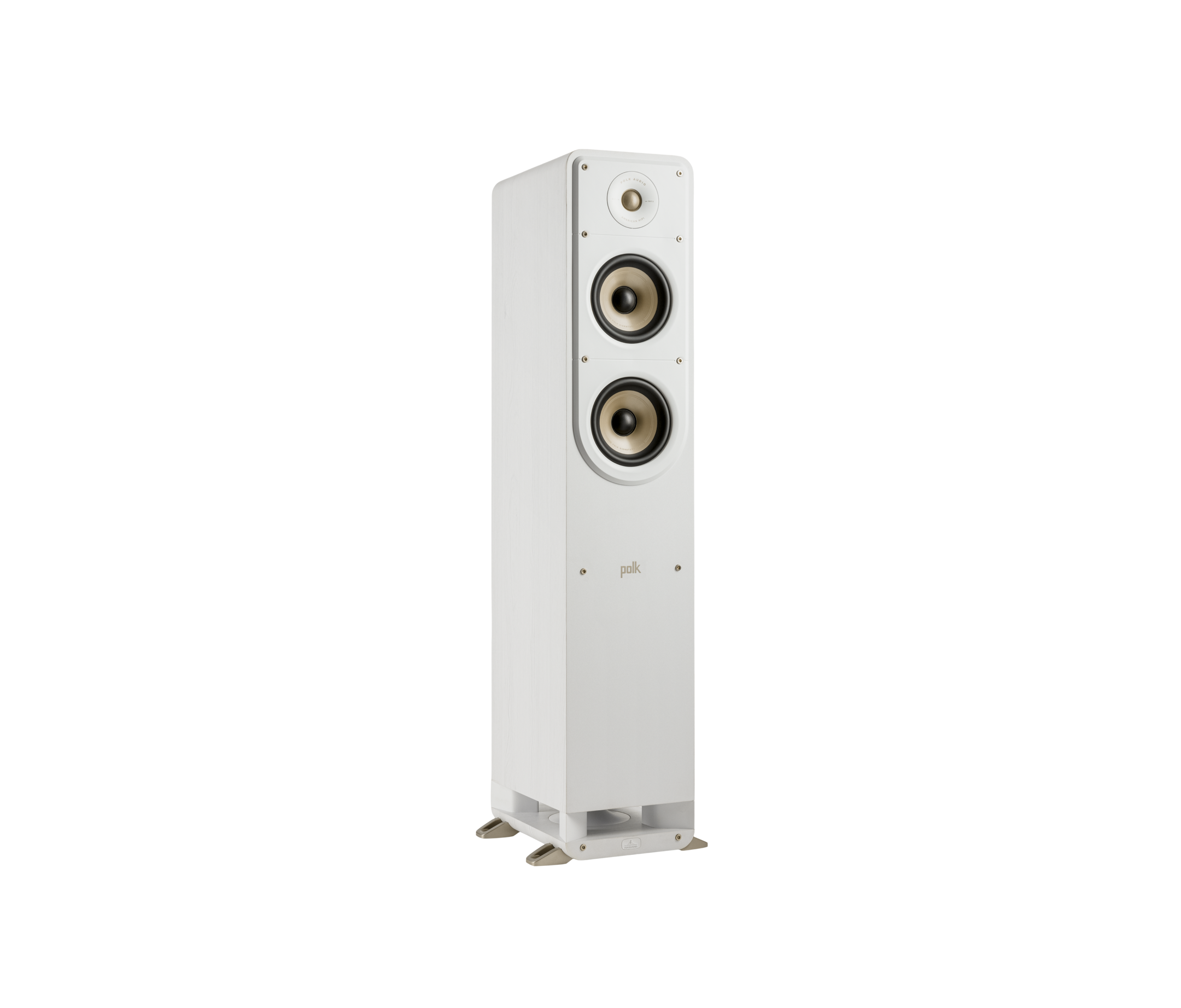 Boxă de podea Polk Audio Signature Elite ES50, albă, vedere din unghi dreapta, cu două difuzoare vizibile.