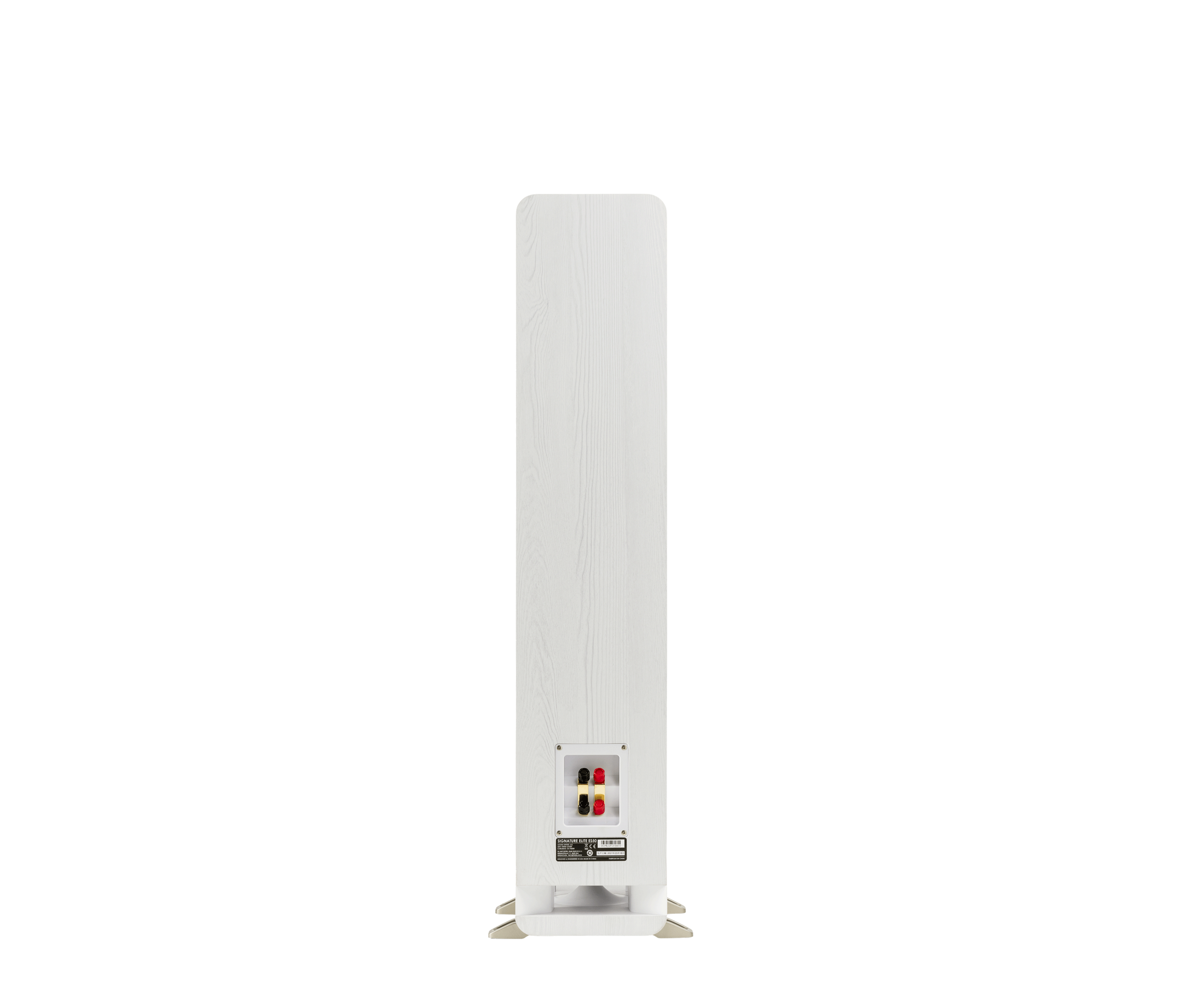 Spatele boxei Polk Audio Signature Elite ES50, alb, cu conectori de intrare vizibili și detalii tehnice.