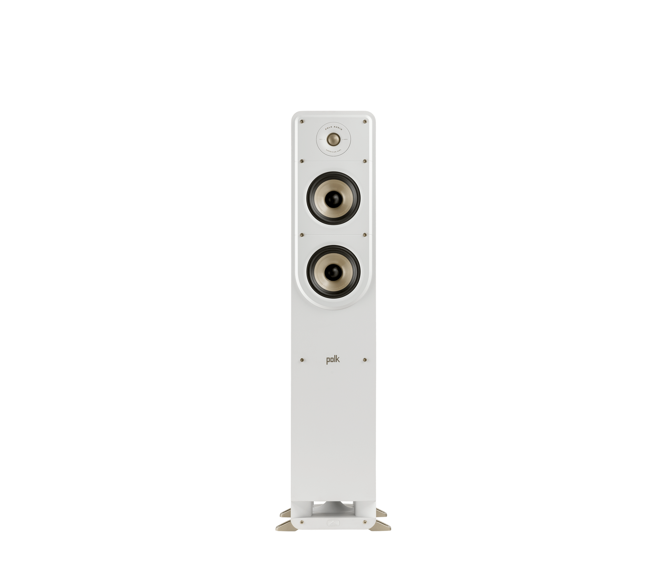 Boxa de podea Polk Audio Signature Elite ES50 alb, vedere frontală, cu două woofere și un tweeter vizibile.