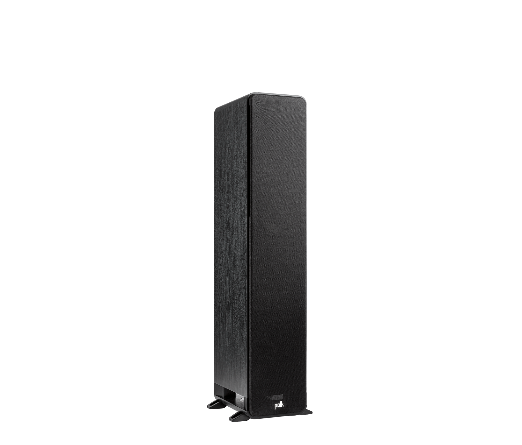 Boxă de podea Polk Audio Signature Elite ES50, negru, vedere din unghi dreapta, grilaj frontal montat.