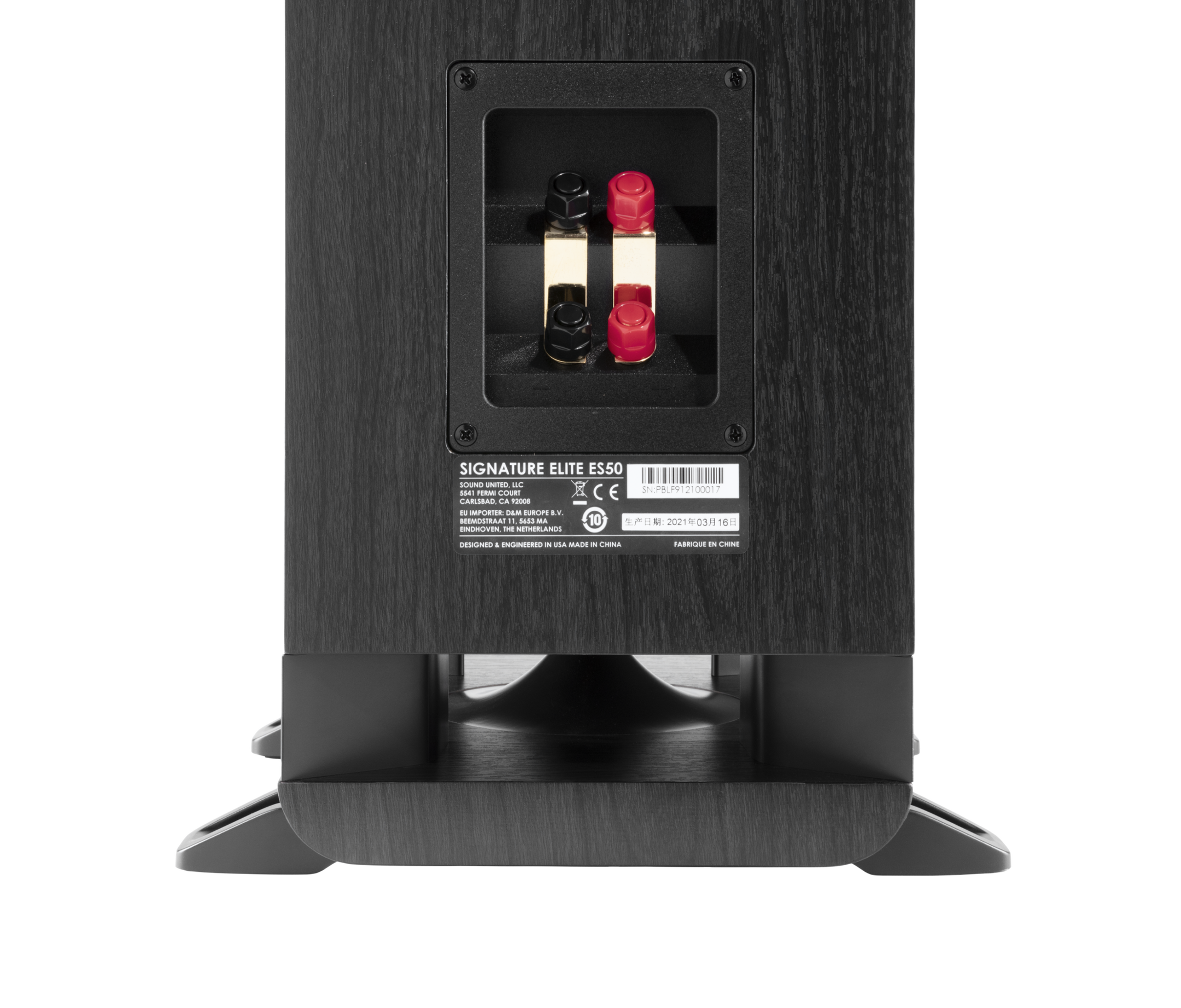 Spatele boxei Polk Audio Signature Elite ES50, culoare neagră, arată conectorii pentru cabluri audio.