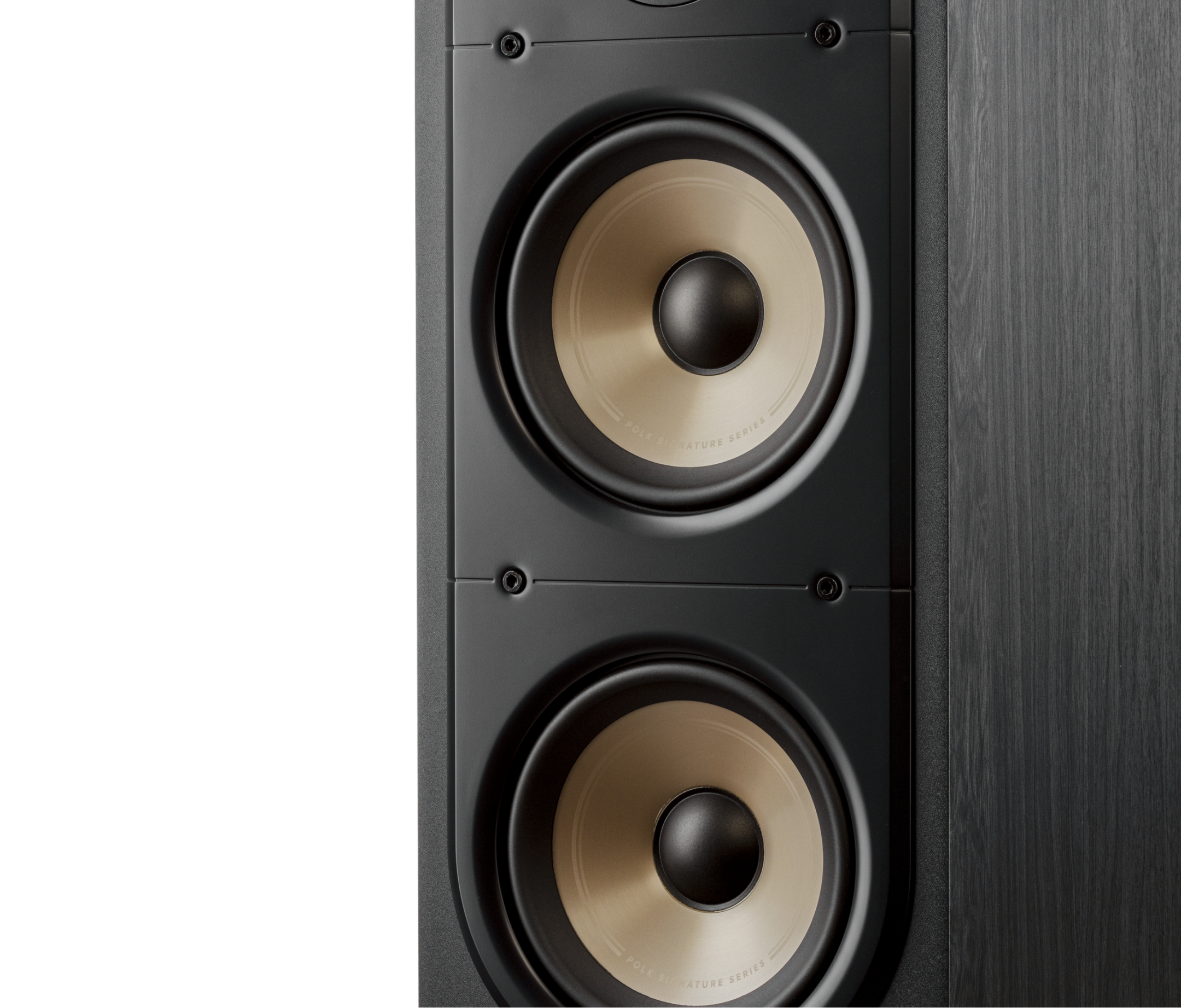 Close-up boxe Polk Audio Signature Elite ES50 negre, arătând difuzoarele duale și detalii finisaj lemn.