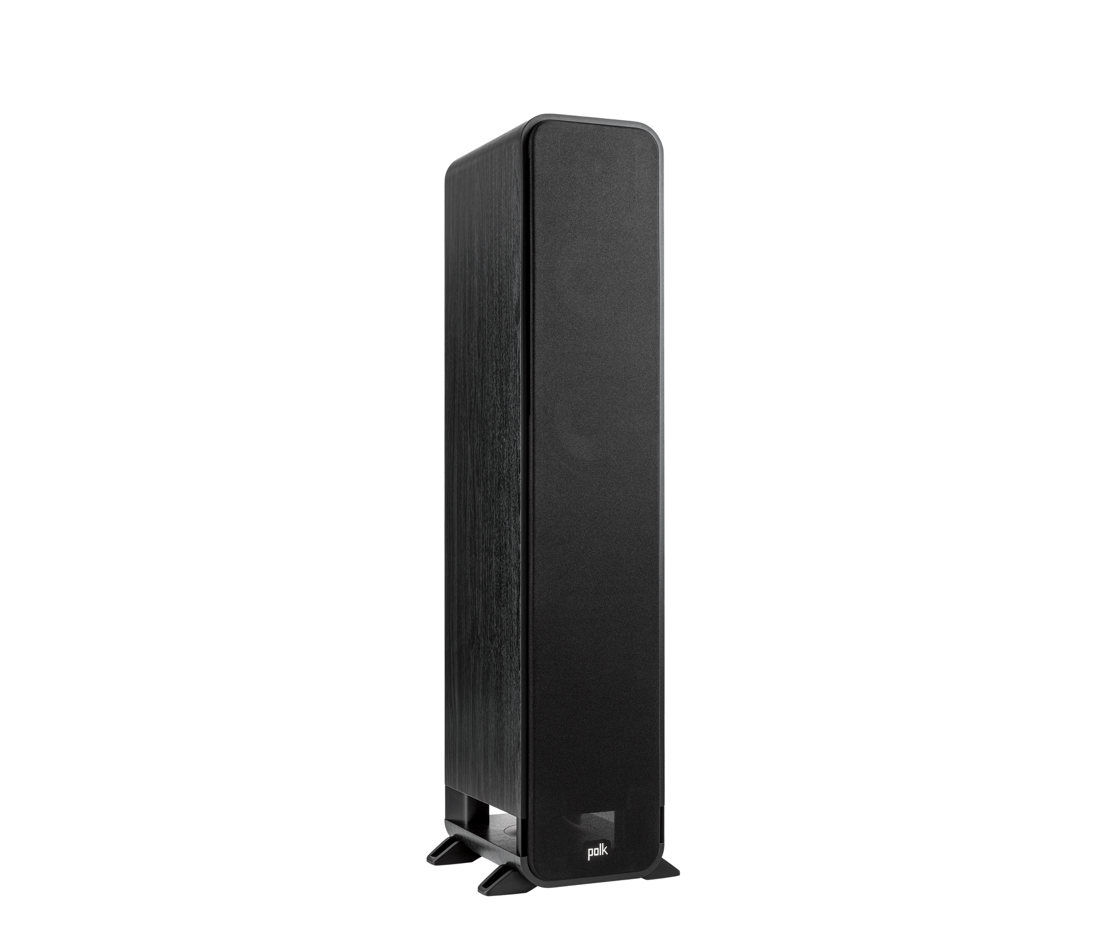 Boxa de podea Polk Audio Signature Elite ES55, negru, vedere din unghi drept, grilaj frontal vizibil.