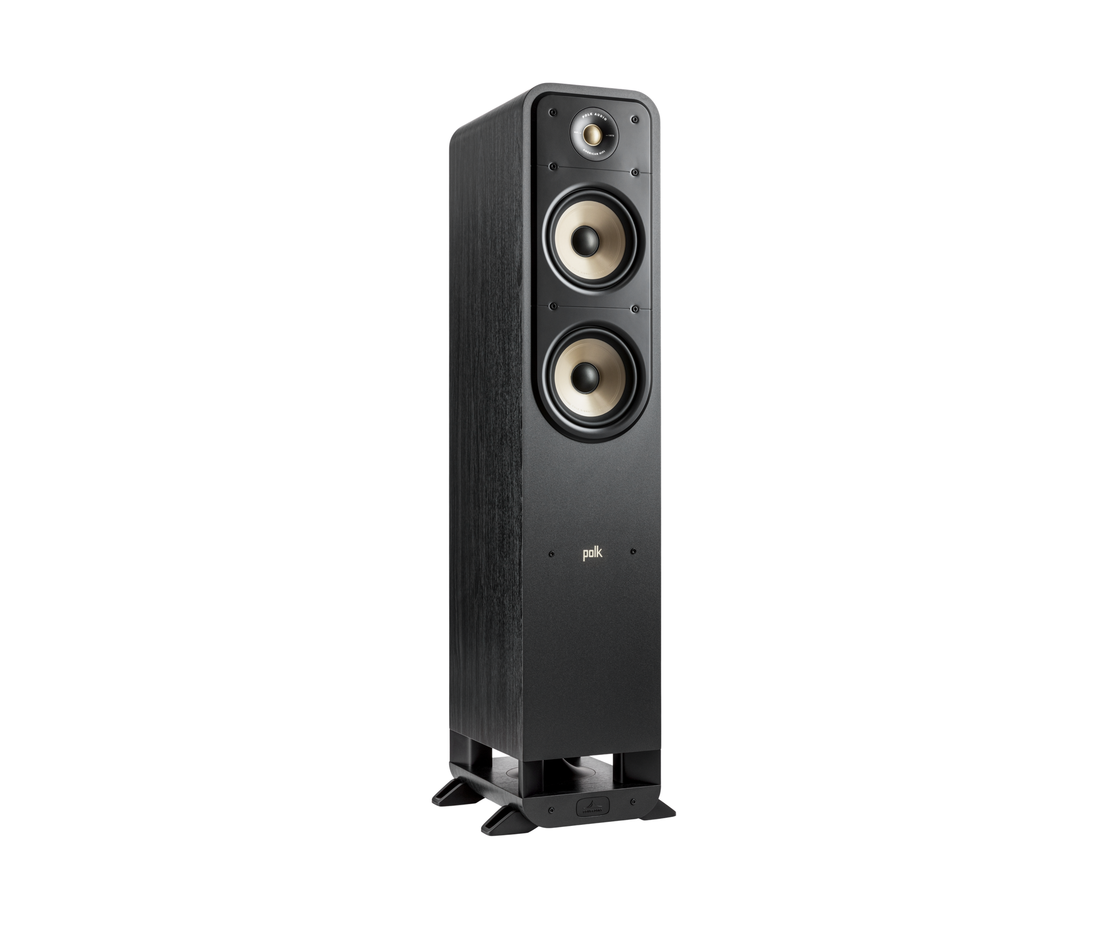Boxă de podea Polk Audio Signature Elite ES55, neagră, vedere din unghi dreapta, cu două woofere vizibile.#color_black