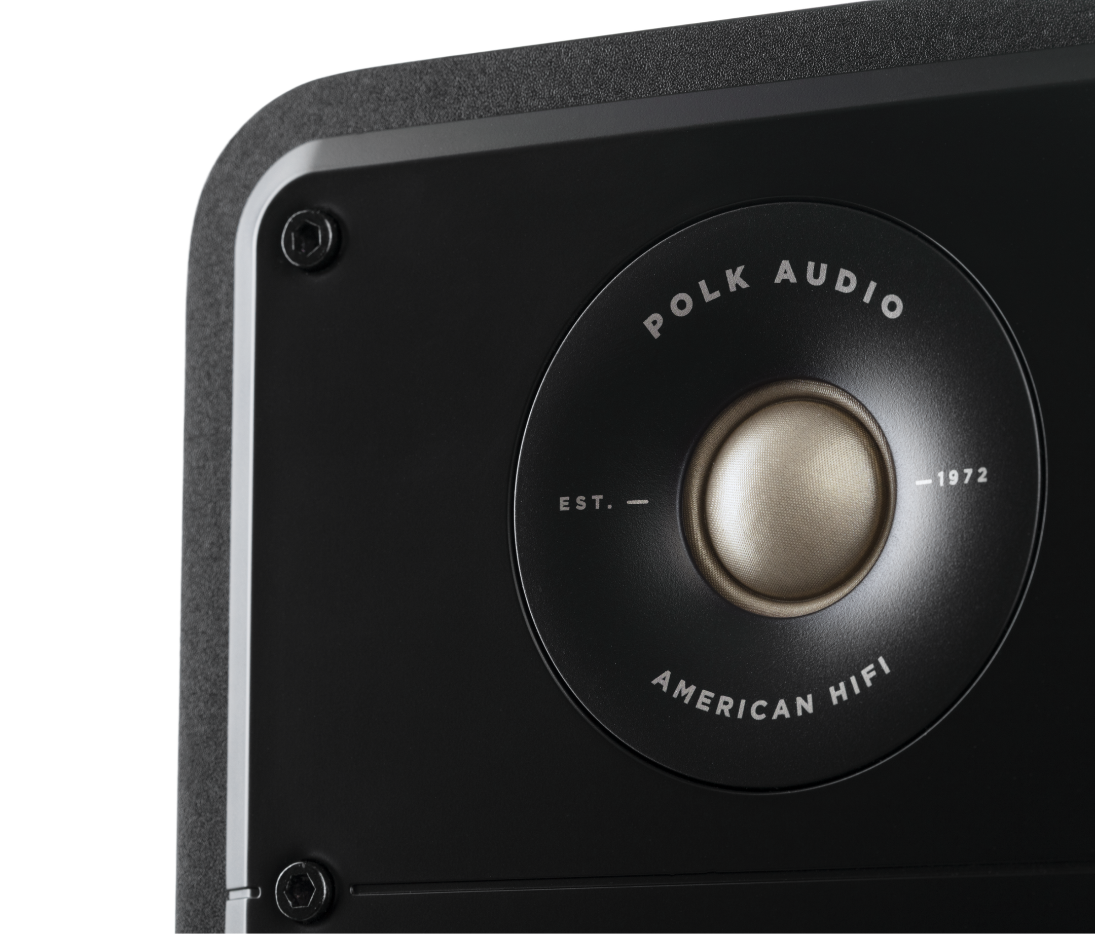 Close-up negru Polk Audio Signature Elite ES55, detaliu tweeter și logo "American HiFi", vedere din stânga.
