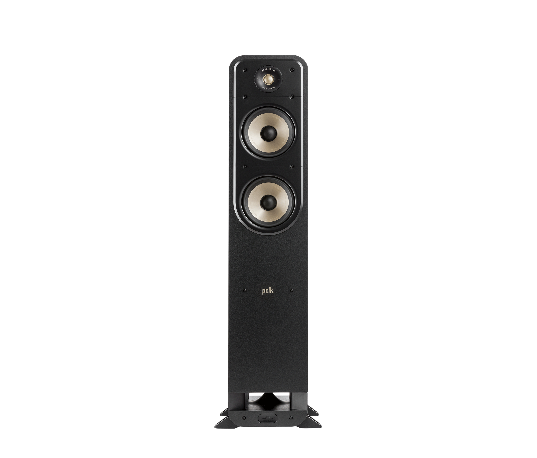 Boxa de podea Polk Audio Signature Elite ES55, vedere frontală, culoare neagră, cu două difuzoare vizibile.