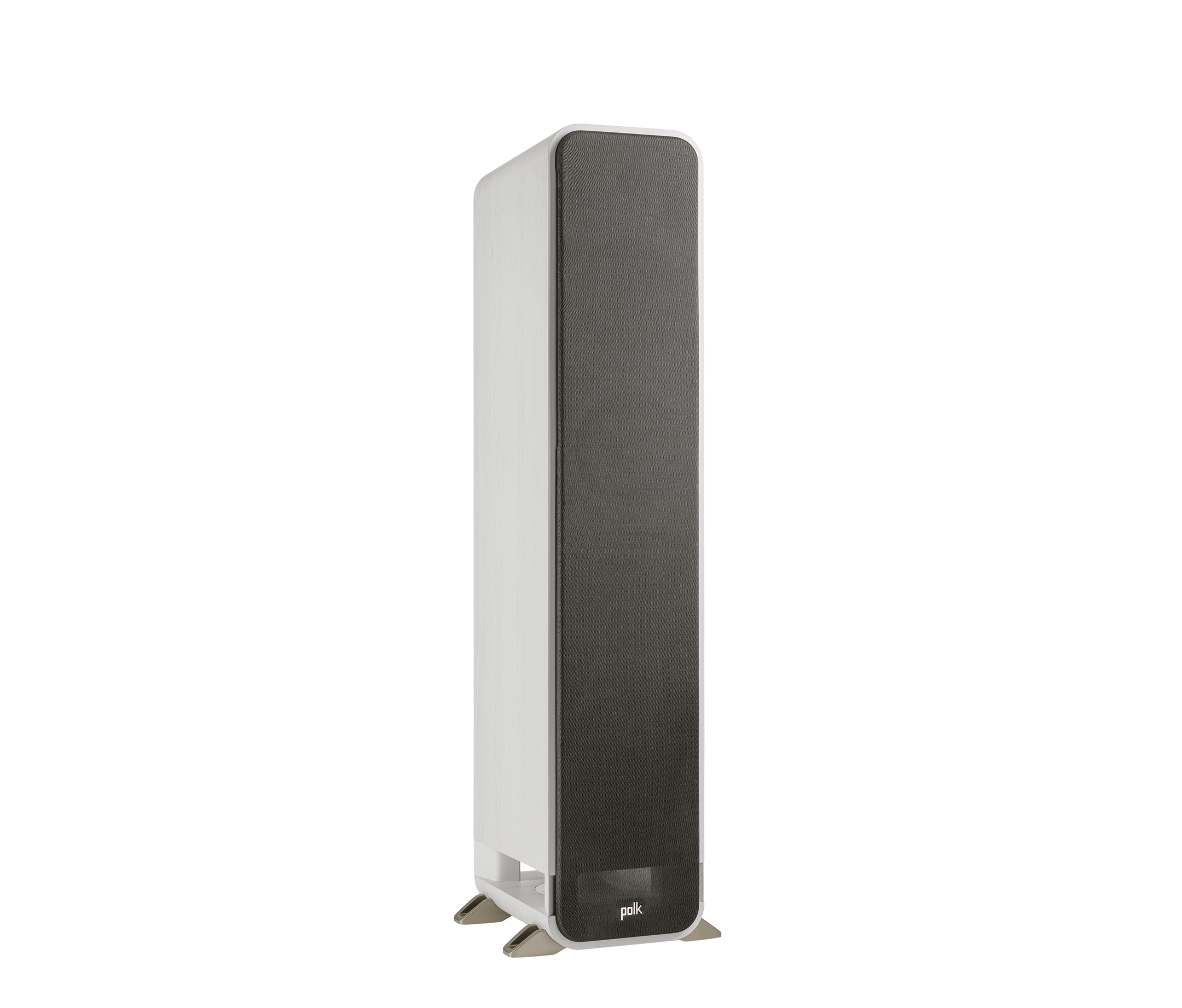 Boxă de podea Polk Audio Signature Elite ES55, albă, vedere din dreapta cu grilaj negru, logo vizibil.