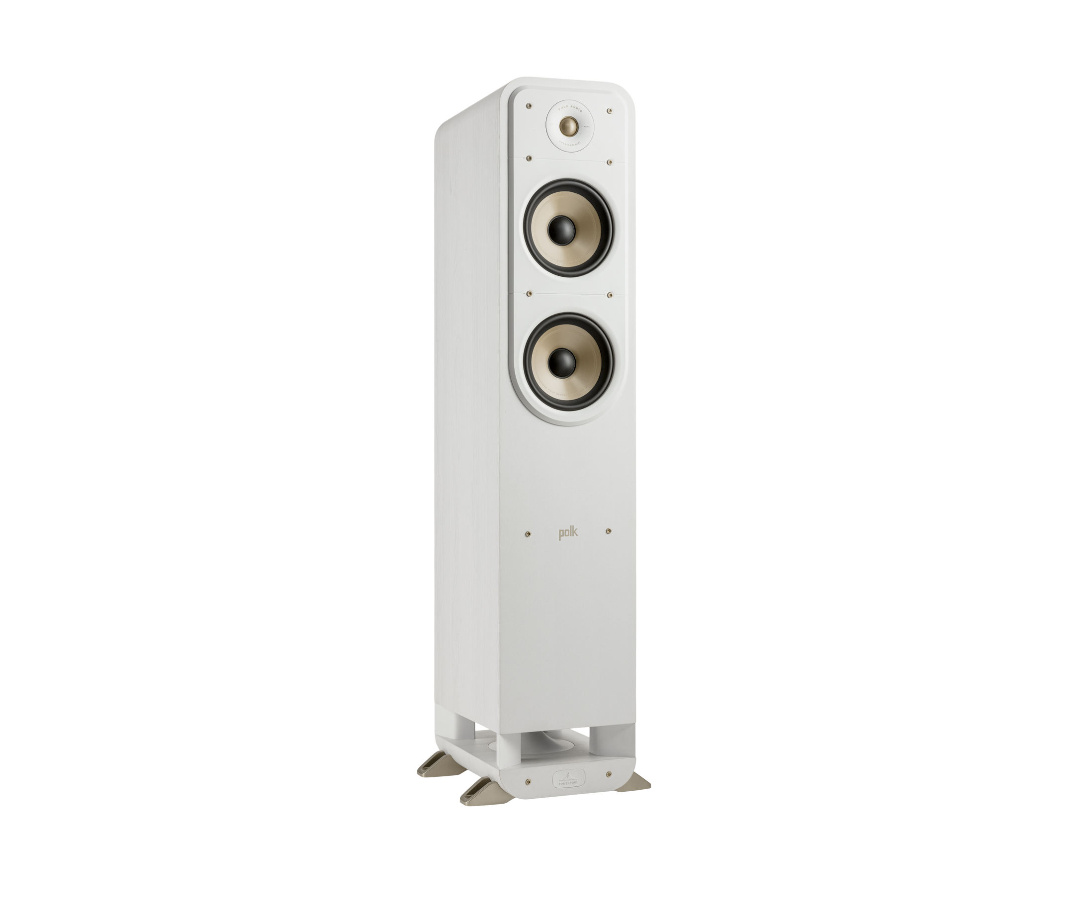 Boxă de podea albă Polk Audio Signature Elite ES55, vedere din unghi dreapta, cu două woofere și tweeter.