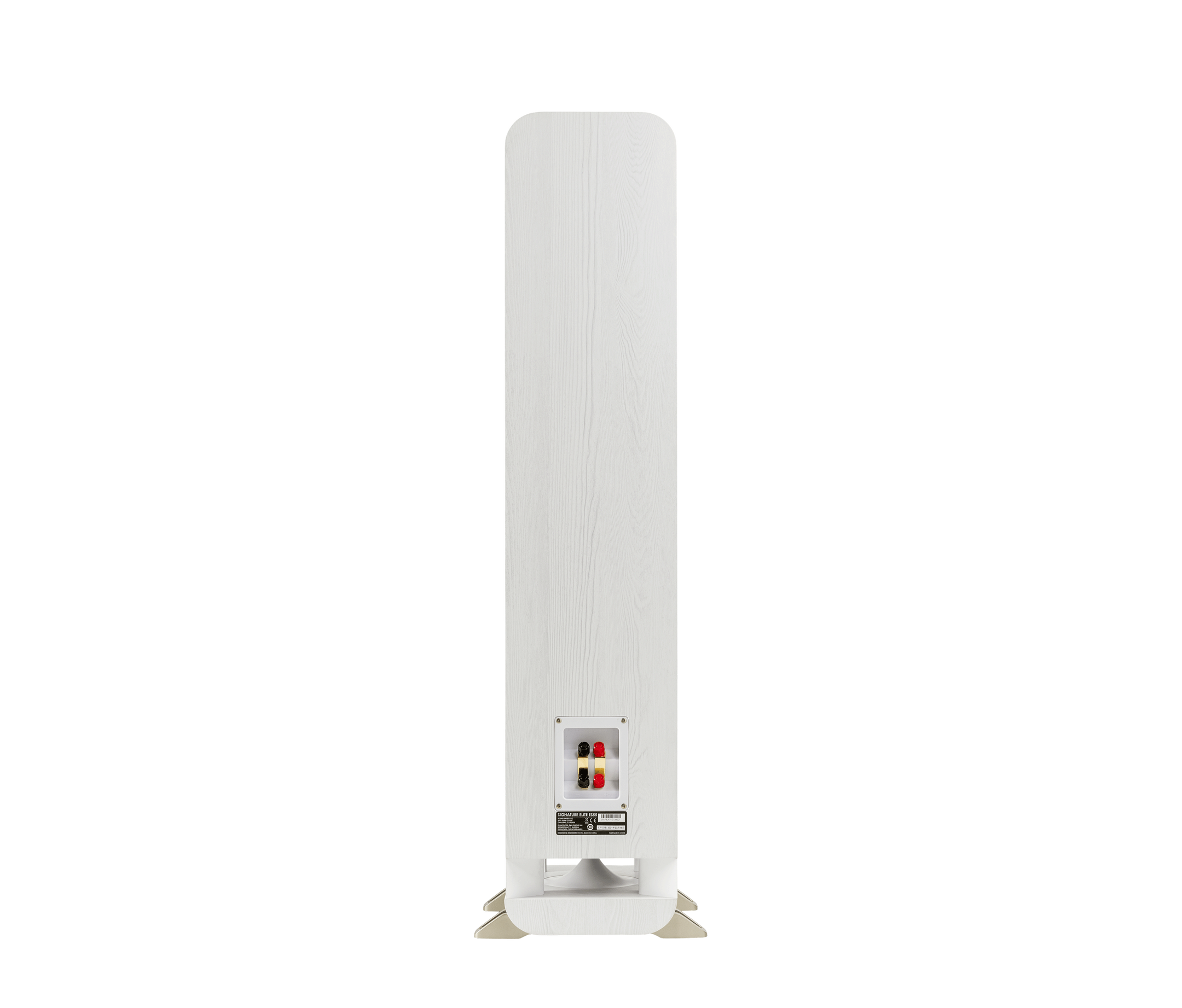 Spatele boxei Polk Audio Signature Elite ES55 alb, arătând conectorii de intrare pentru cabluri audio.