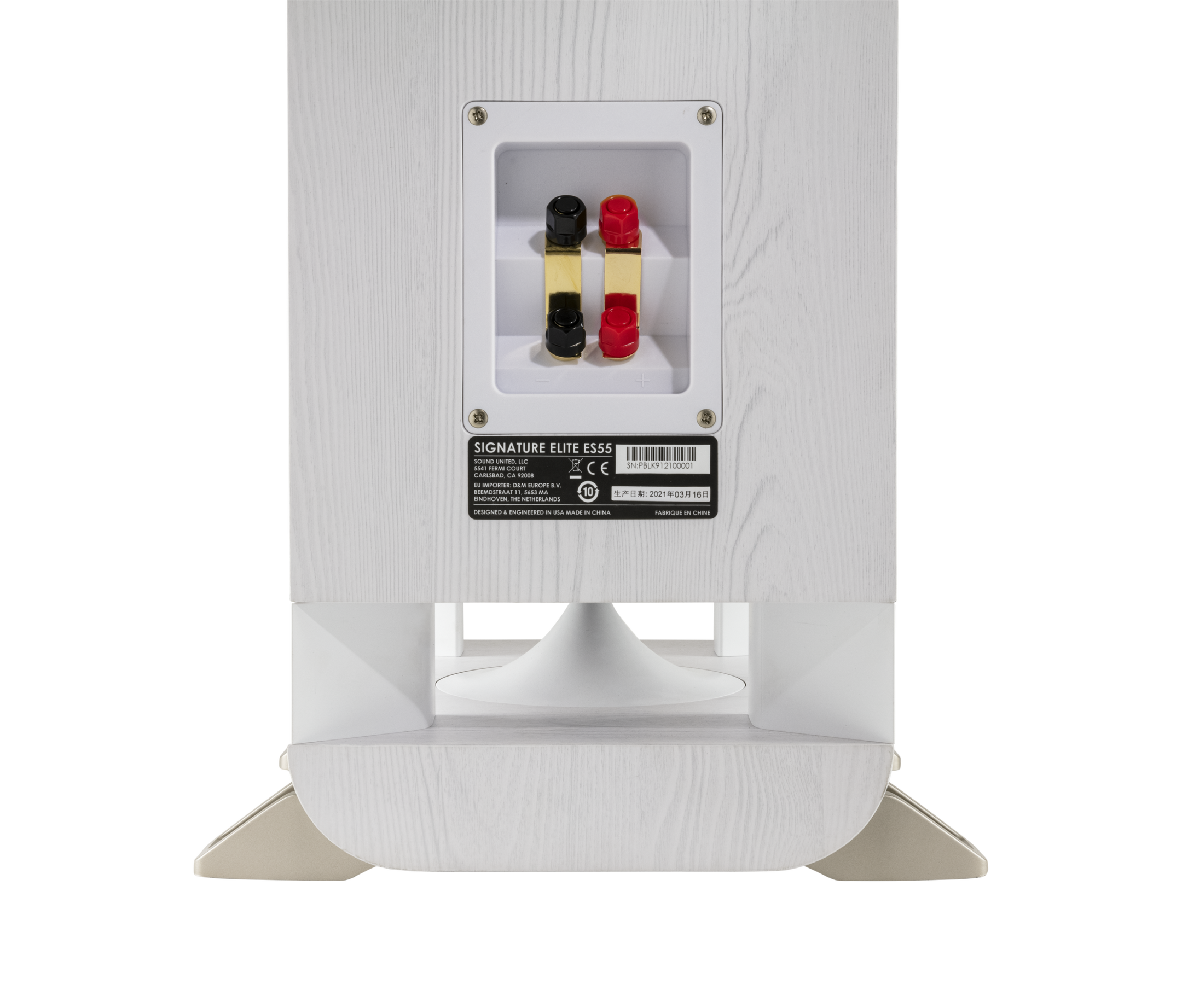 Conectori spate Polk Audio Signature Elite ES55, culoare albă, cu terminale bi-wire și etichetă specificații.
