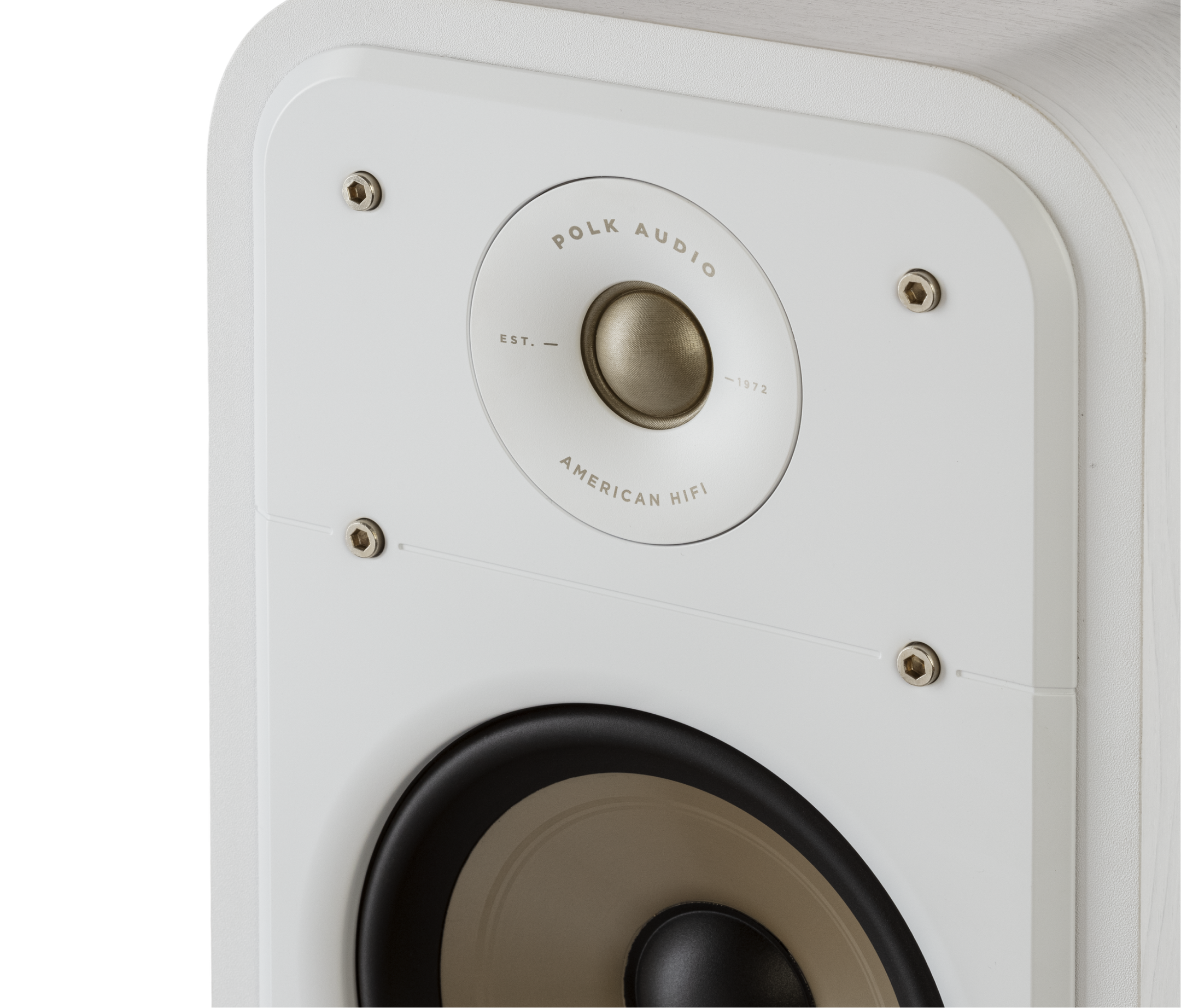 Close-up boxă albă Polk Audio Signature Elite ES55, detaliu tweeter și șuruburi montaj, vedere stânga.