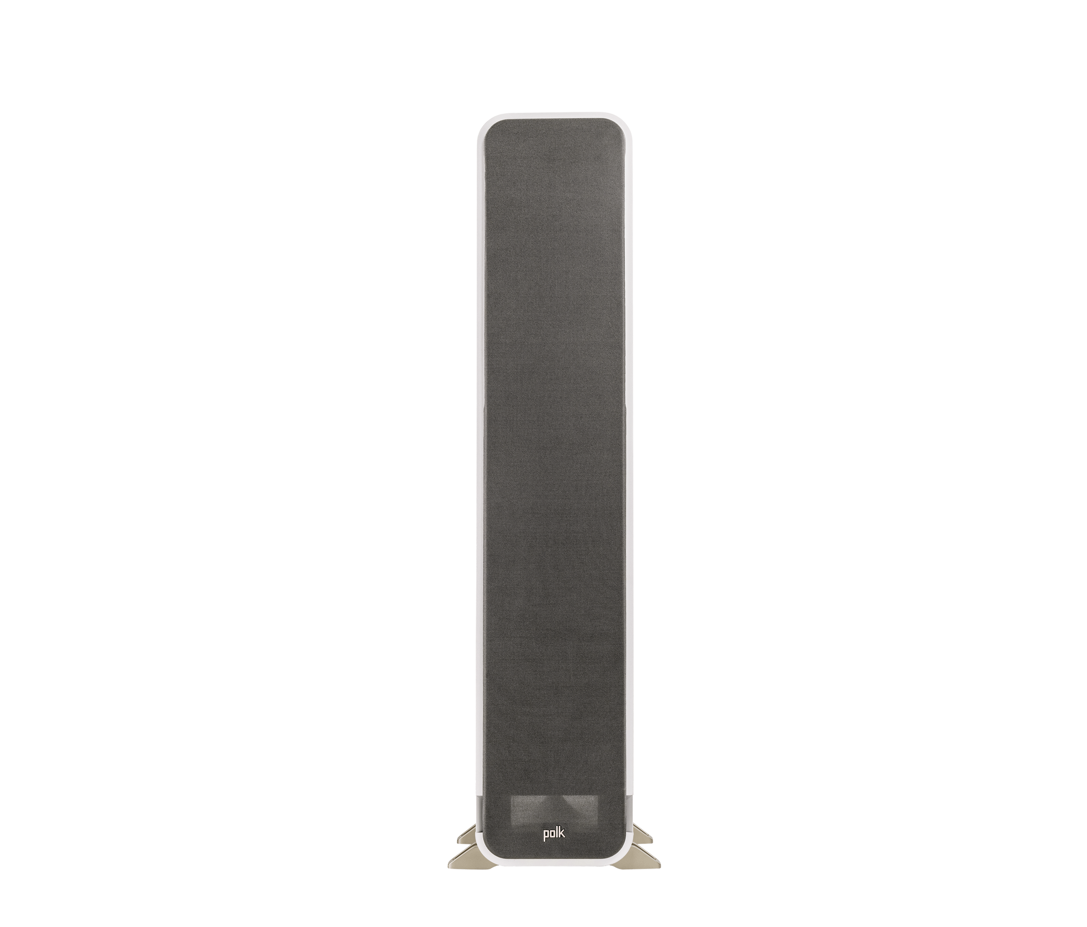 Boxa de podea Polk Audio Signature Elite ES55, vedere frontală, culoare albă, cu grilaj negru montat.