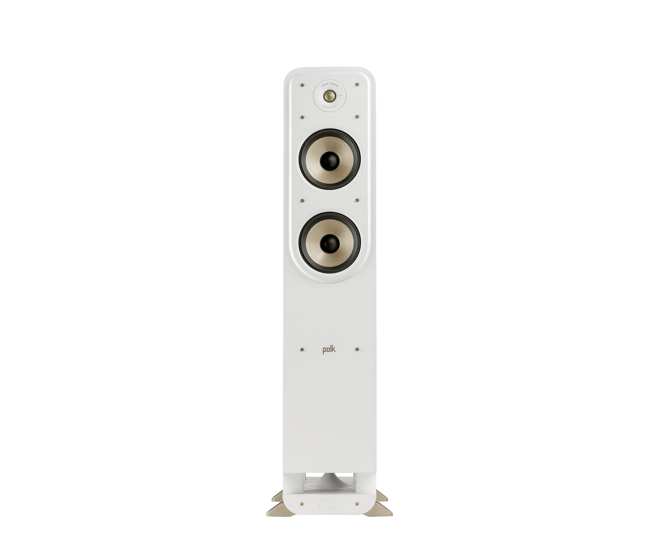 Boxa de podea albă Polk Audio Signature Elite ES55, vedere frontală, două difuzoare și un tweeter vizibile.
