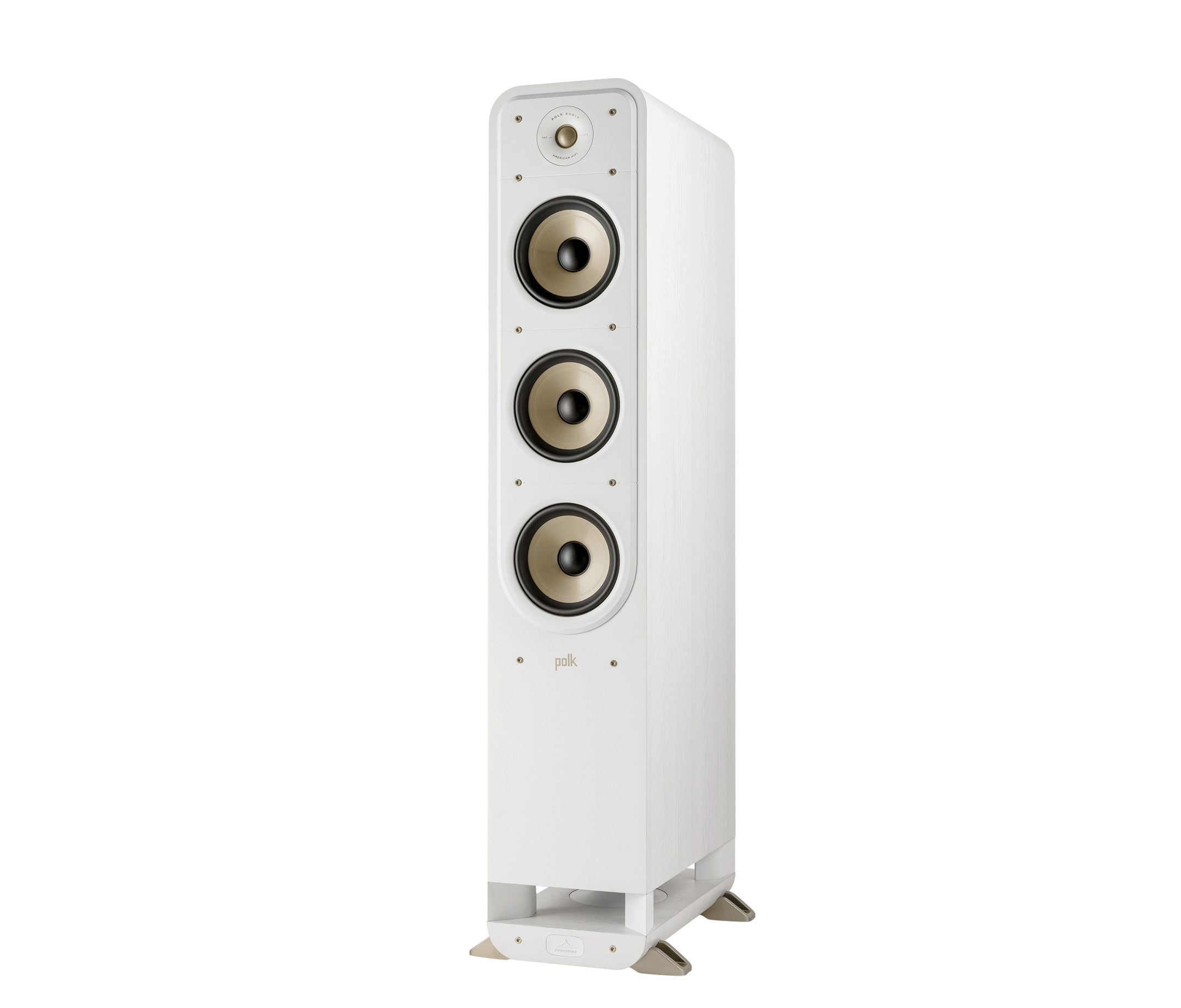 Boxa de podea albă Polk Audio Signature Elite ES60, vedere din unghi stânga, cu trei difuzoare vizibile.