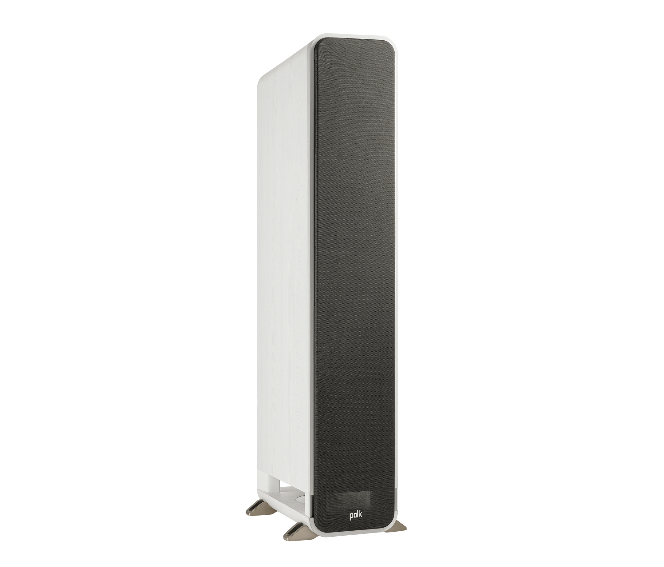 Boxă de podea Polk Audio Signature Elite ES60, unghi dreapta, albă, grilaj frontal negru, vedere laterală.