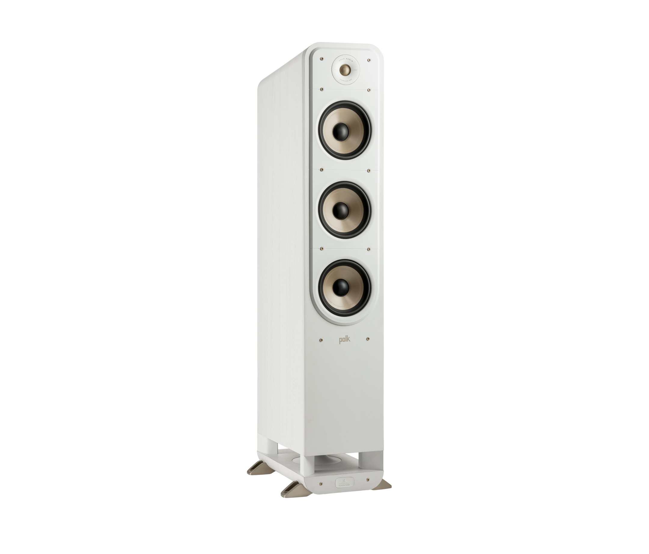 Boxă de podea albă Polk Audio Signature Elite ES60, vedere din unghi dreapta, trei difuzoare vizibile.