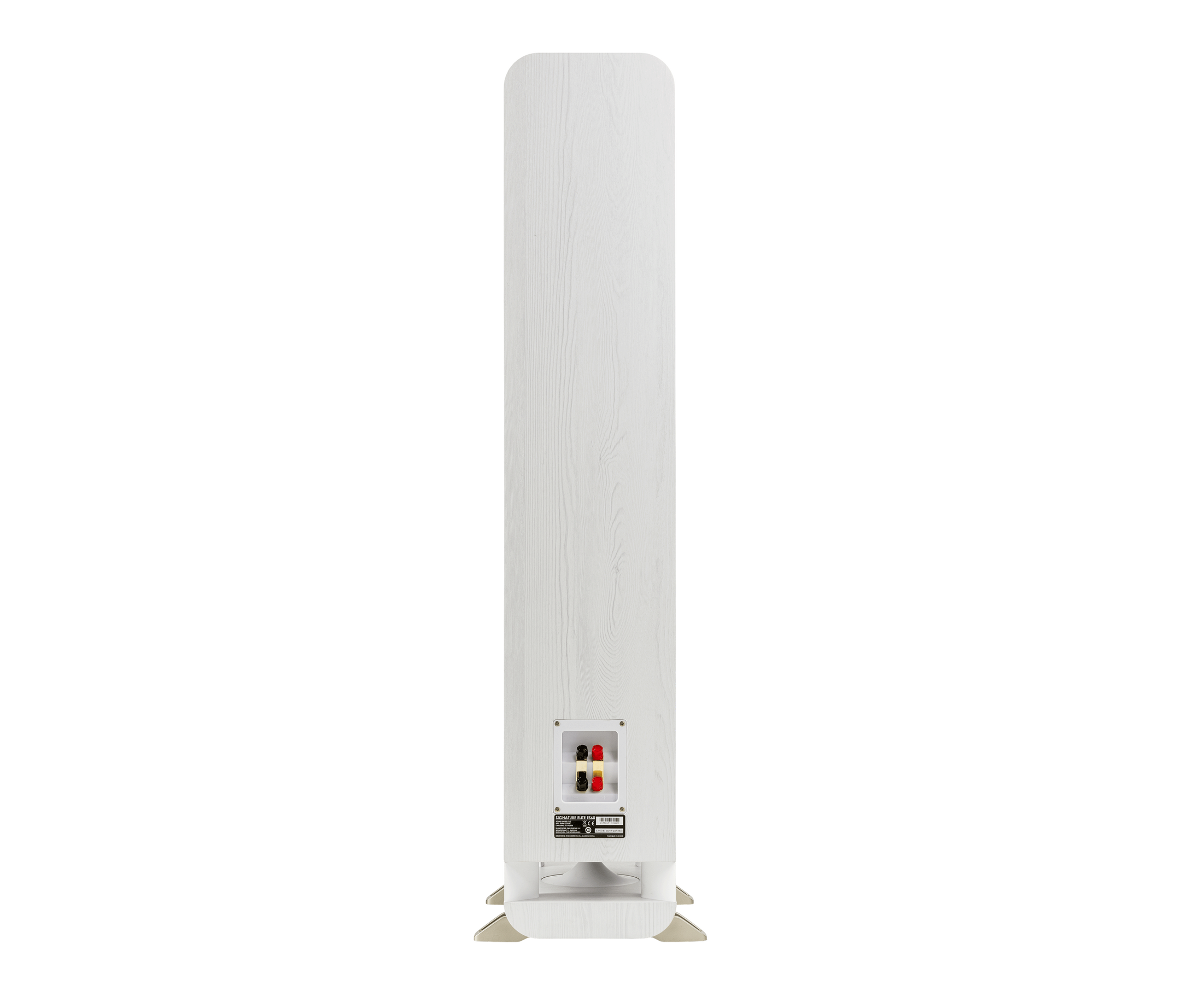 Spatele boxei Polk Audio Signature Elite ES60 alb, cu porturi de conectare vizibile pentru cabluri audio.