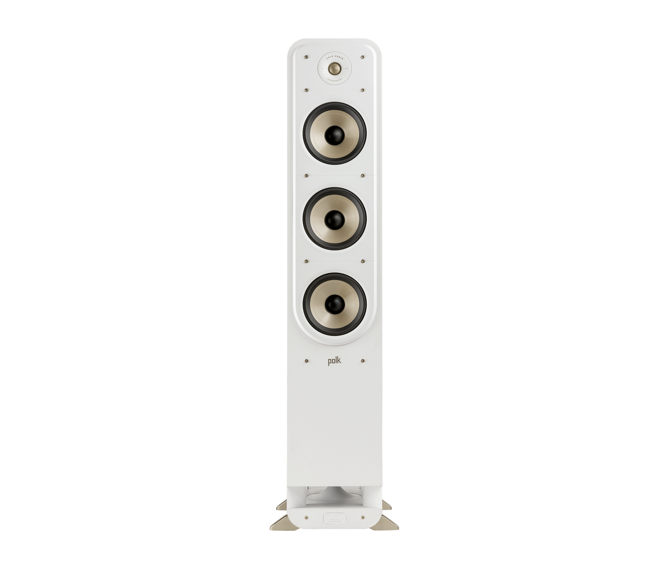 Boxa de podea Polk Audio Signature Elite ES60, vedere frontală, culoare albă, cu trei difuzoare vizibile.