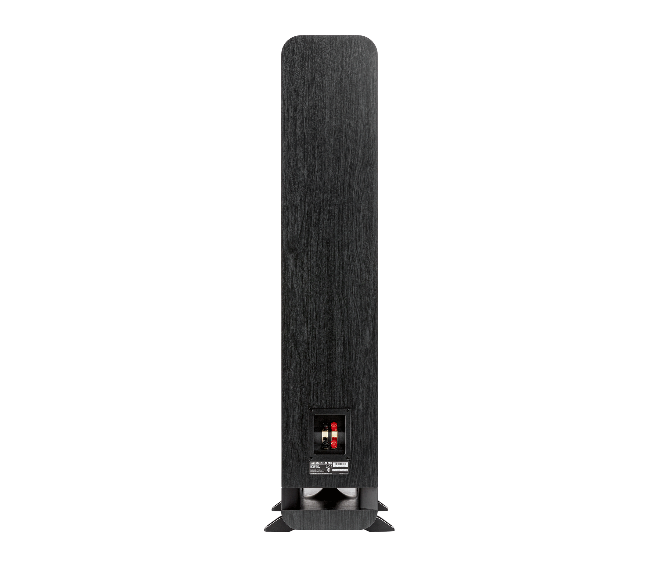 Spatele boxei Polk Audio Signature Elite ES60, culoare neagră, cu conectori audio vizibili pentru conectare.