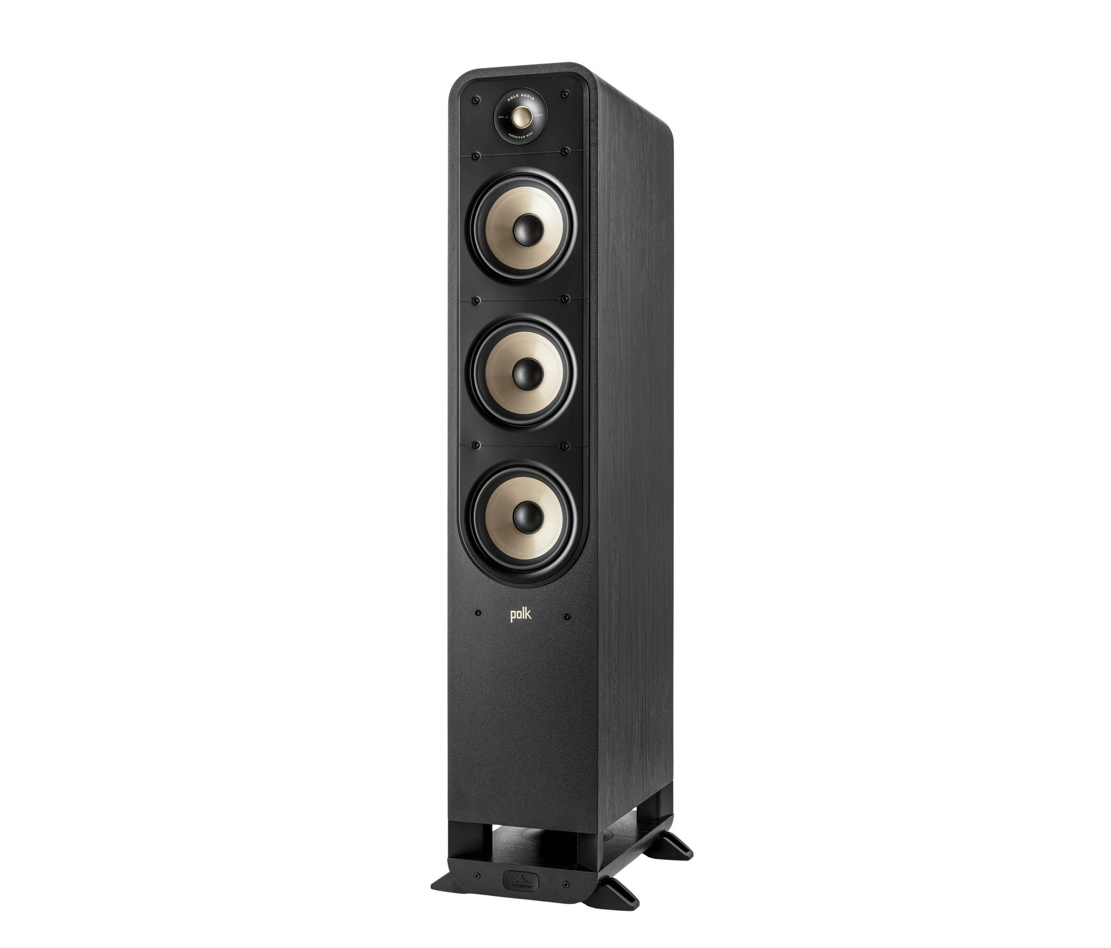 Boxă de podea Polk Audio Signature Elite ES60, negru, vedere din stânga, cu trei difuzoare vizibile.#color_black