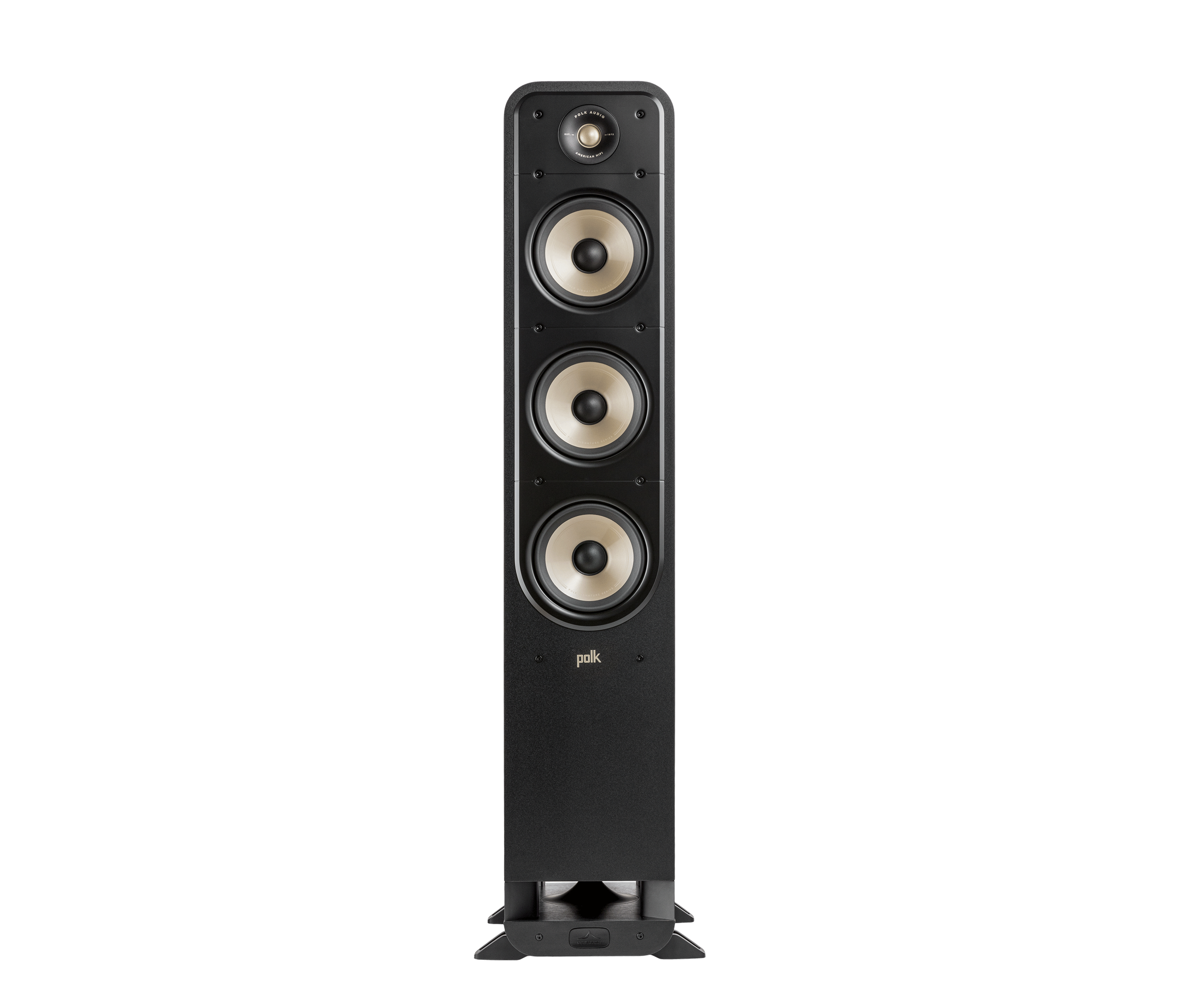 Boxa de podea Polk Audio Signature Elite ES60, negru, vedere frontală. Prezintă trei difuzoare mari și un tweeter.