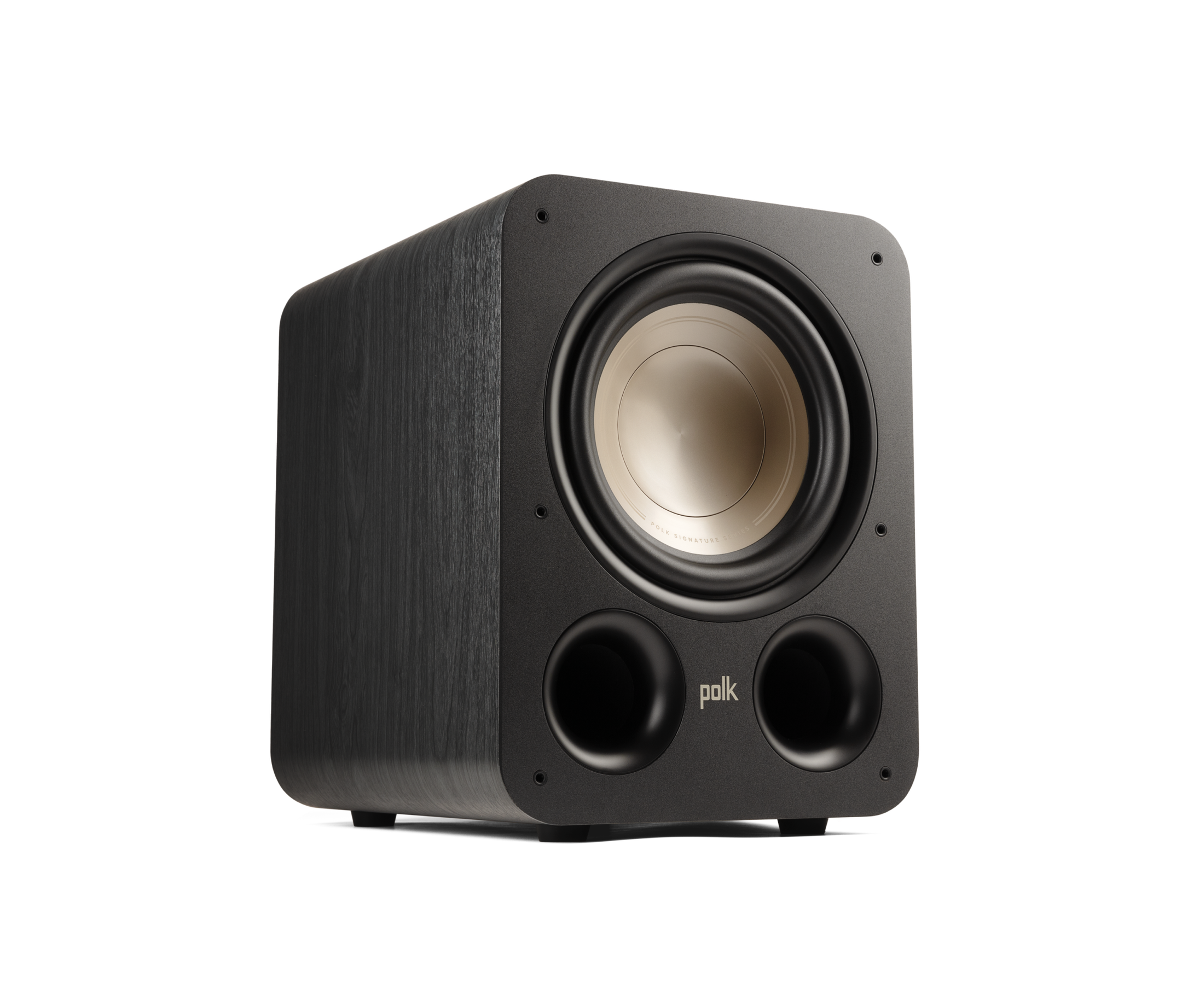 Subwoofer Polk Audio Signature Elite ES10, vedere frontală, culoare neagră, difuzor și două porturi vizibile.#color_black