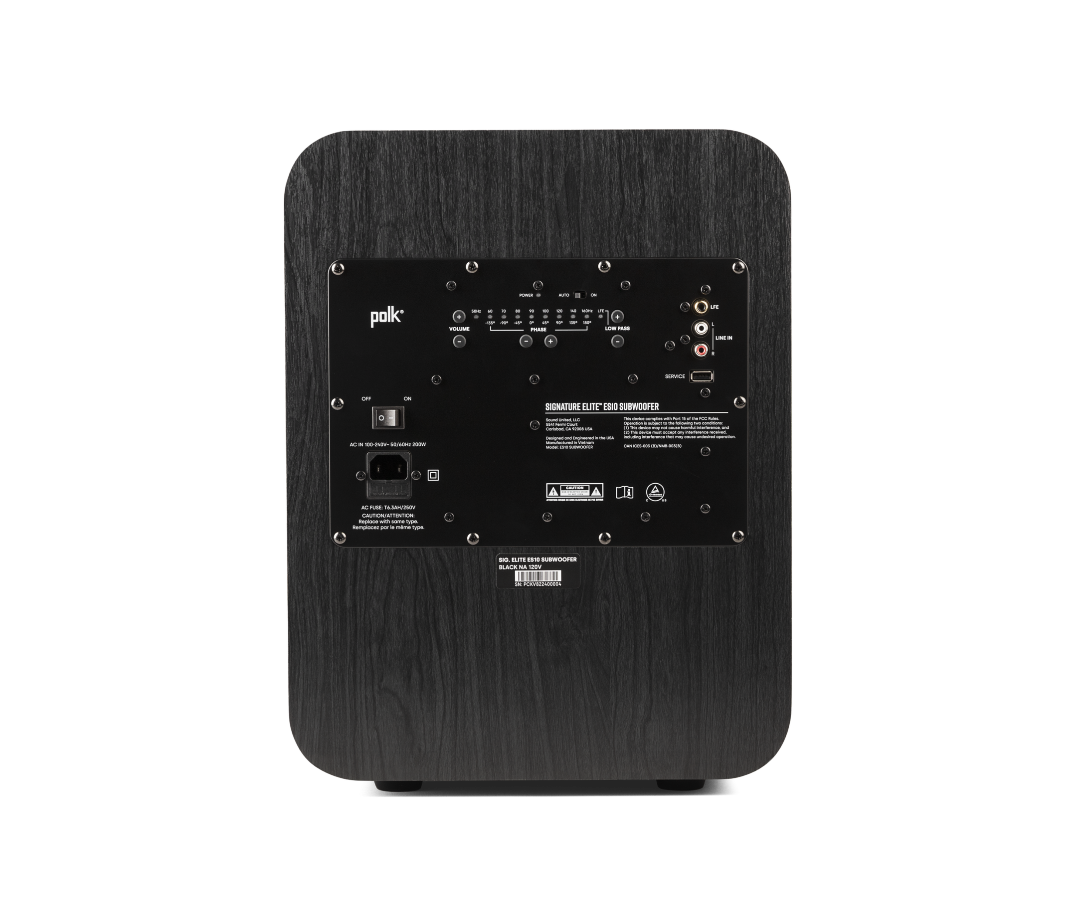 Subwoofer Polk Audio Signature Elite ES10, vedere din spate, culoare neagră, panou de control și conexiuni.