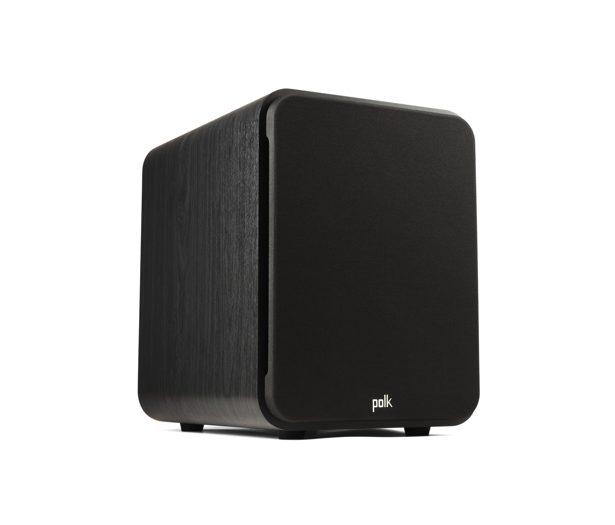 Subwoofer Polk Audio Signature Elite ES10, vedere din față și lateral, culoare neagră, logo vizibil.