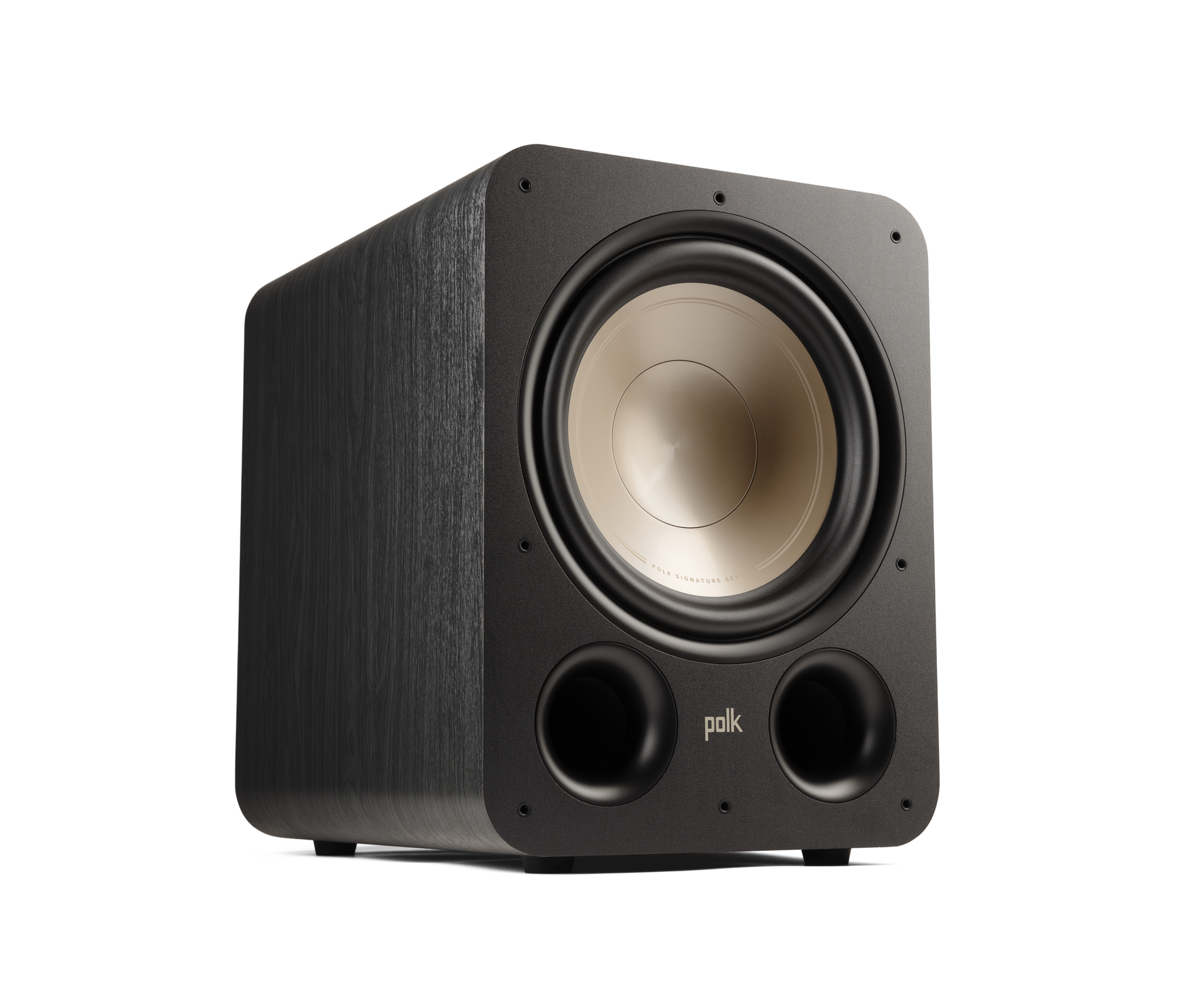 Subwoofer Polk Audio Signature Elite ES12, vedere din față, culoare neagră, difuzor și porturi vizibile.