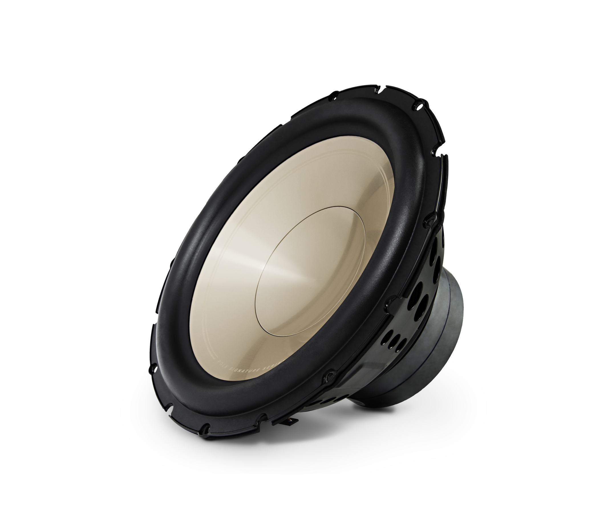 Subwoofer Polk Audio Signature Elite ES12, vedere laterală, culoare negru și argintiu, detalii difuzor.