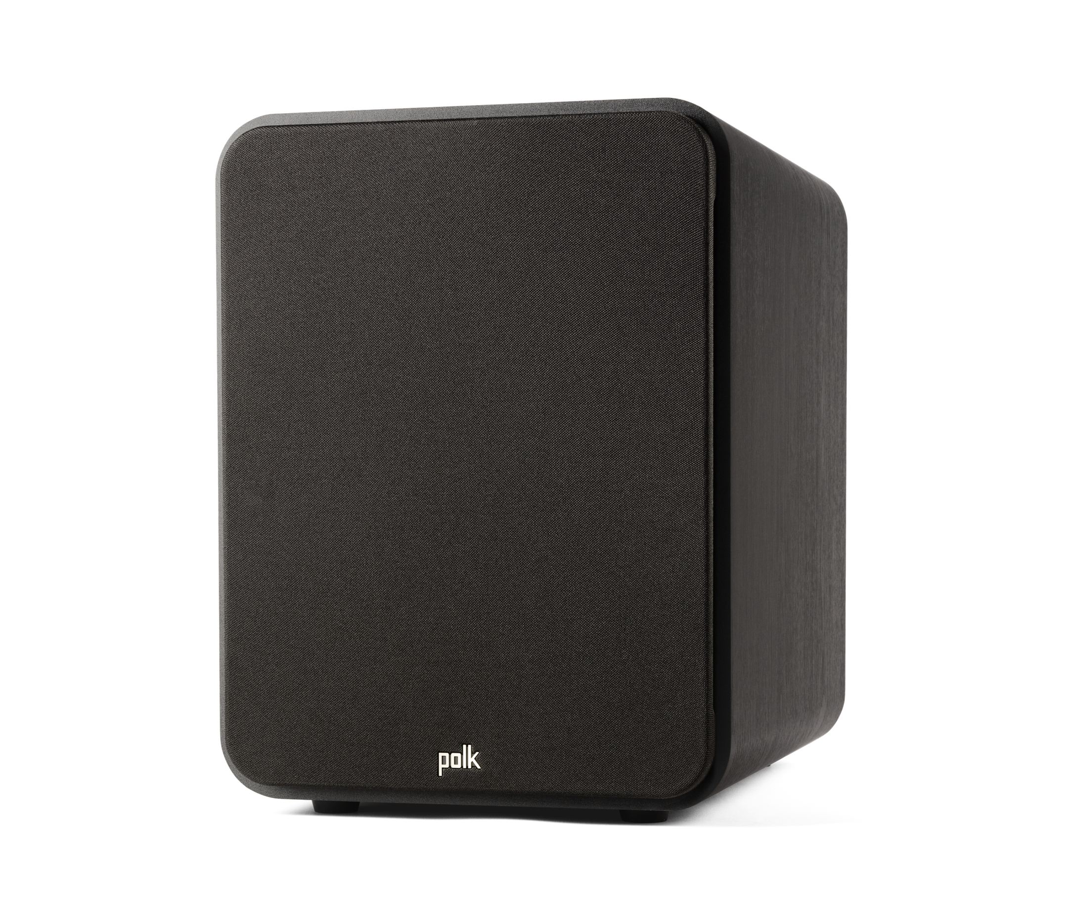 Subwoofer Polk Audio Signature Elite ES12, vedere din față, culoare neagră, grilaj frontal vizibil.