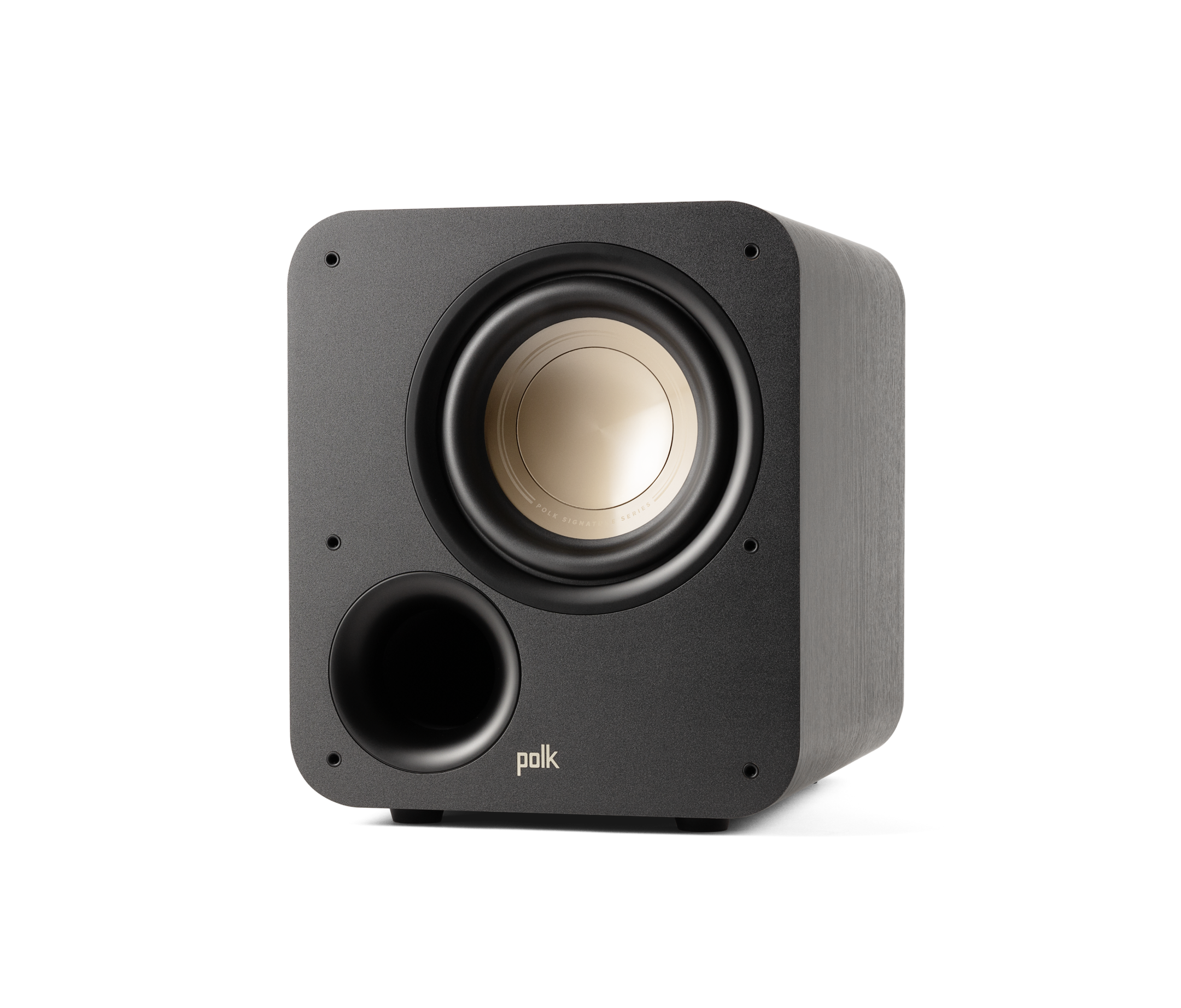 Subwoofer Polk Audio Signature Elite ES8, vedere frontală, culoare neagră, difuzor și port bass vizibile.