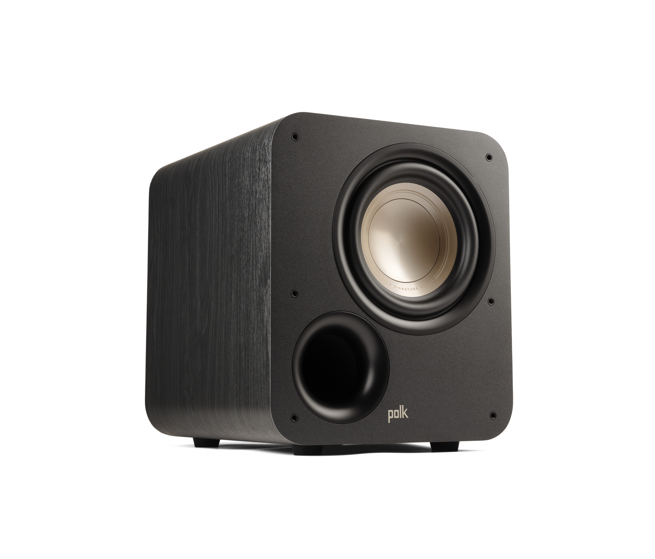 Subwoofer Polk Audio Signature Elite ES8, vedere laterală, culoare neagră, difuzor frontal și port bas.#color_black