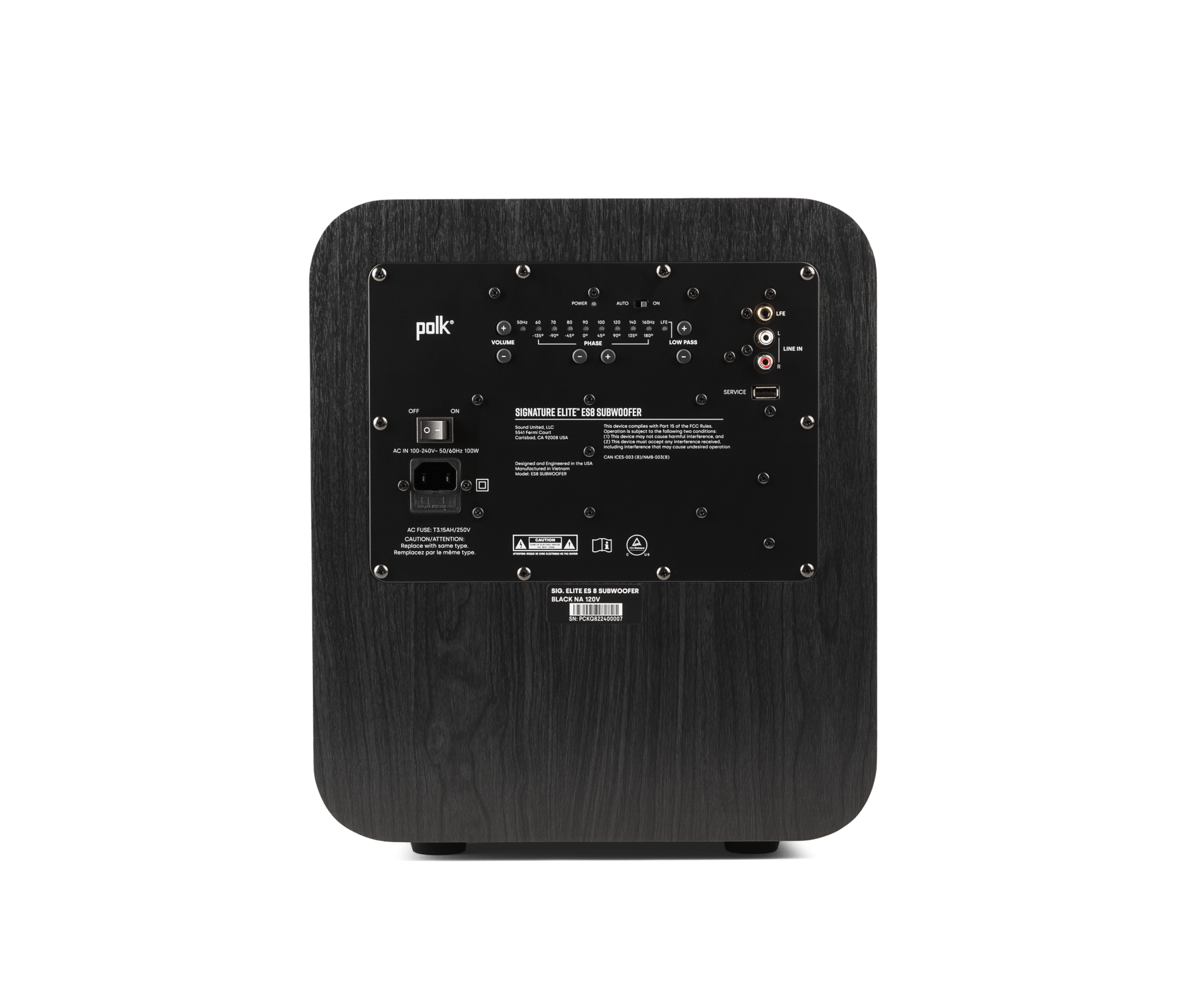 Subwoofer Polk Audio Signature Elite ES8, vedere din spate, culoare neagră, panou de control și conexiuni.