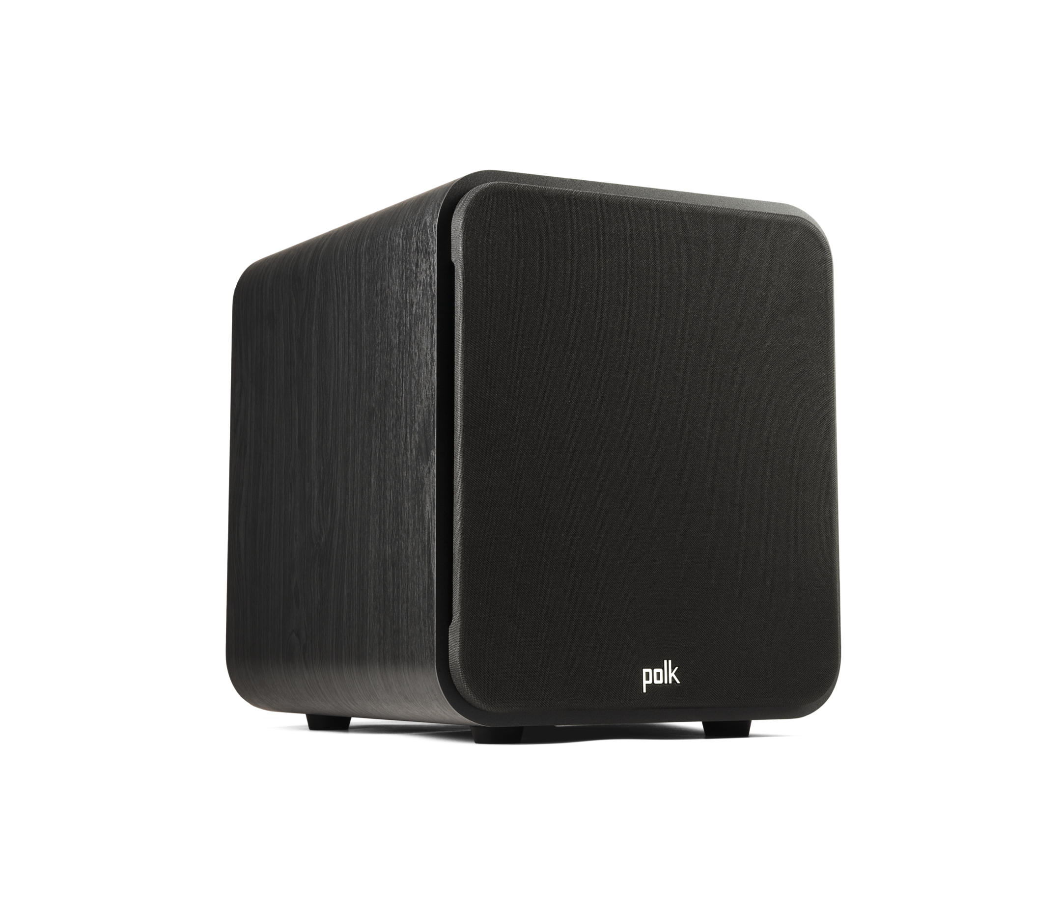 Subwoofer Polk Audio Signature Elite ES8, vedere din unghi lateral, culoare neagră, logo Polk vizibil.