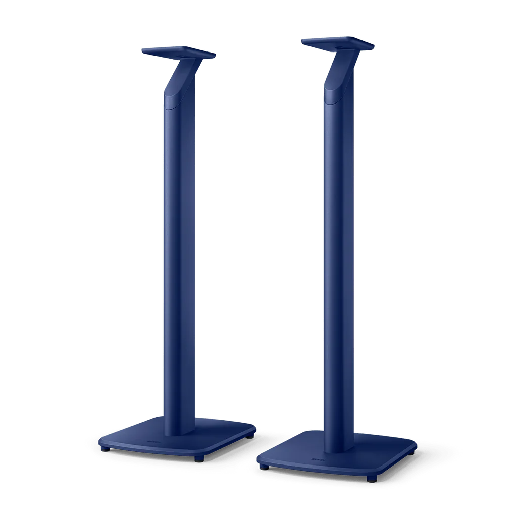 Suport KEF S1 pentru boxe LSX II, vedere frontală, culoare albastru, bază stabilă și montaj superior.