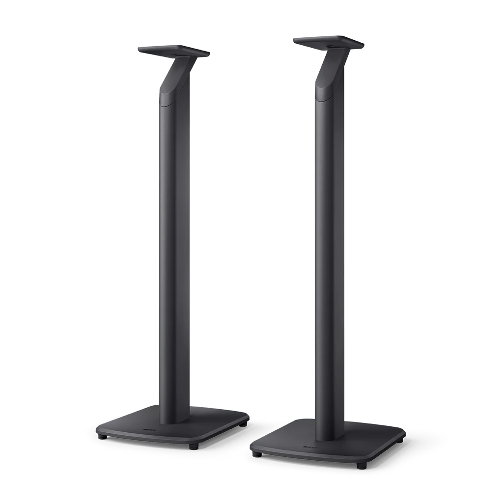 Suporturi negre KEF S1 pentru boxe active KEF LSX II, vedere frontală, bază stabilă și montaj sigur.