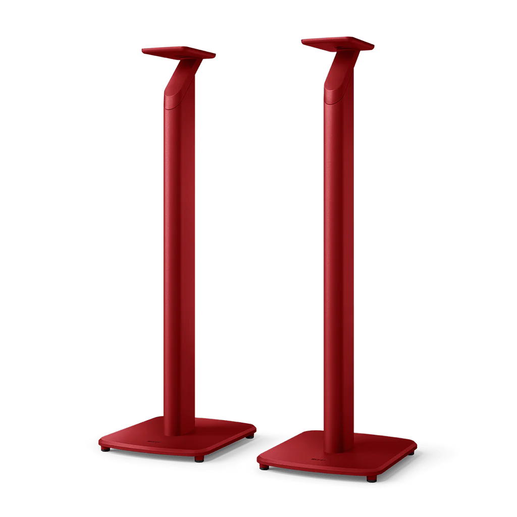 Suport KEF S1 roșu pentru boxe active KEF LSX II, vedere frontală, bază stabilă și montaj superior.