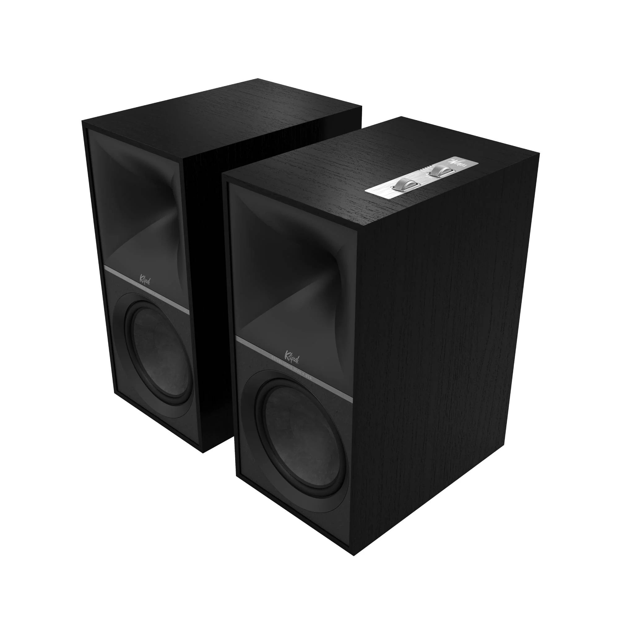 Boxe active Klipsch The Nines negre, vedere unghi frontal, fără grile, control volum și sursă vizibil.#color_black