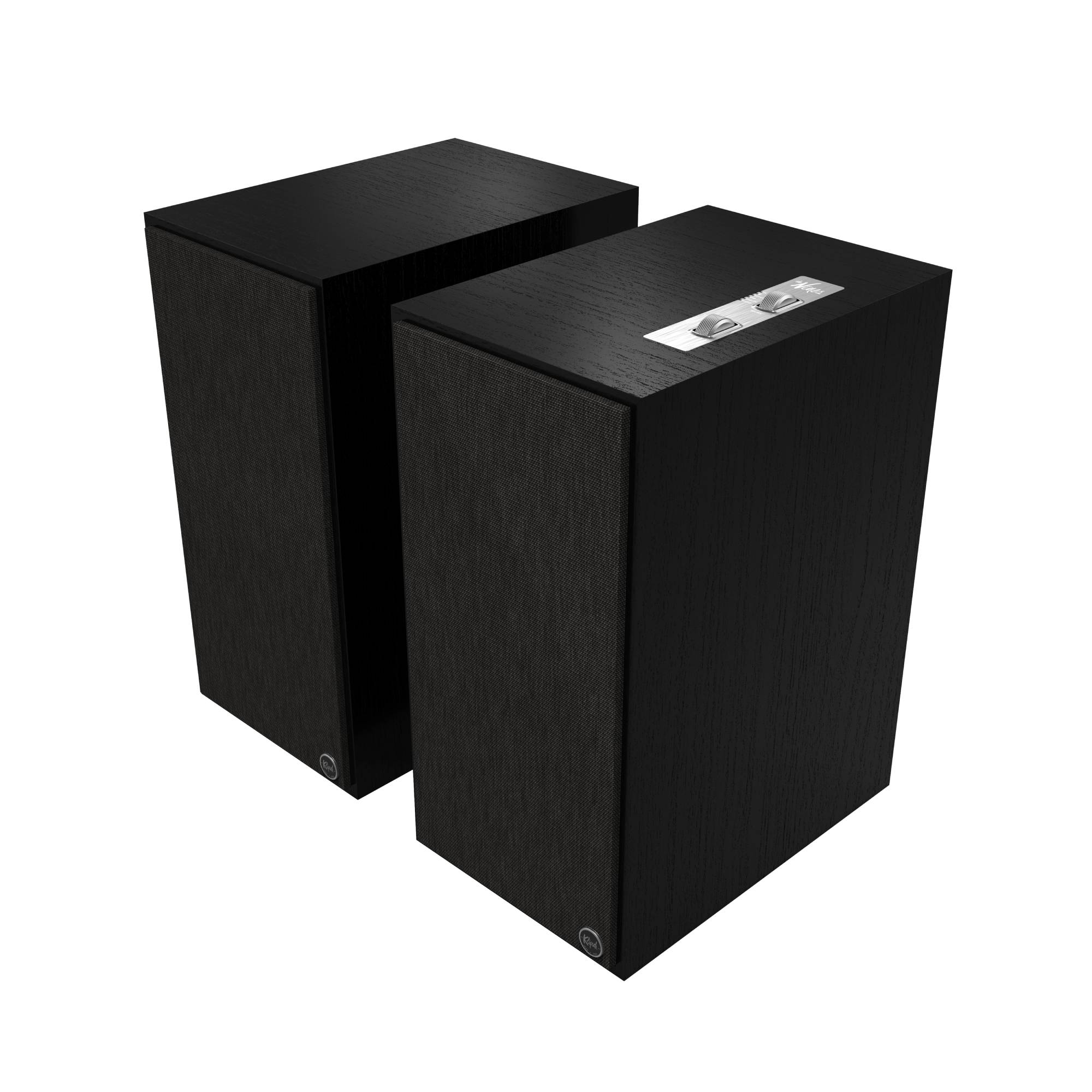 Boxe active Klipsch The Nines negre, vedere din față și de sus, cu grile montate și panou de control vizibil.