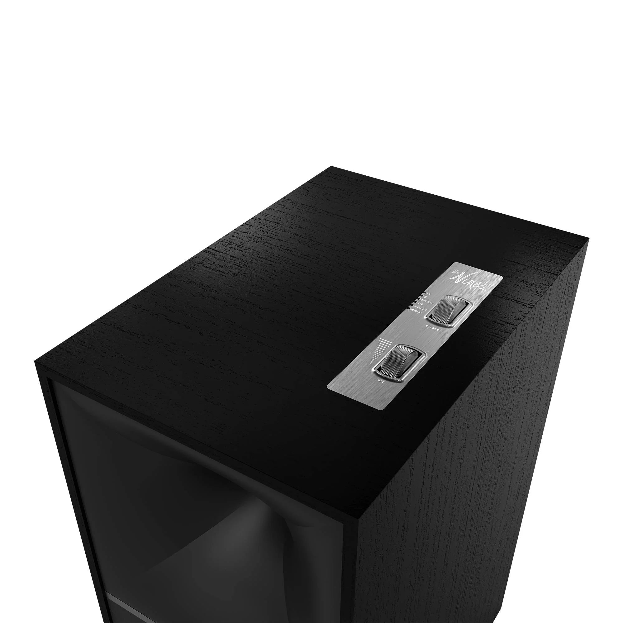 Panou superior Klipsch The Nines Black cu finisaj lemn negru, butoane control volum și sursă vizibile.