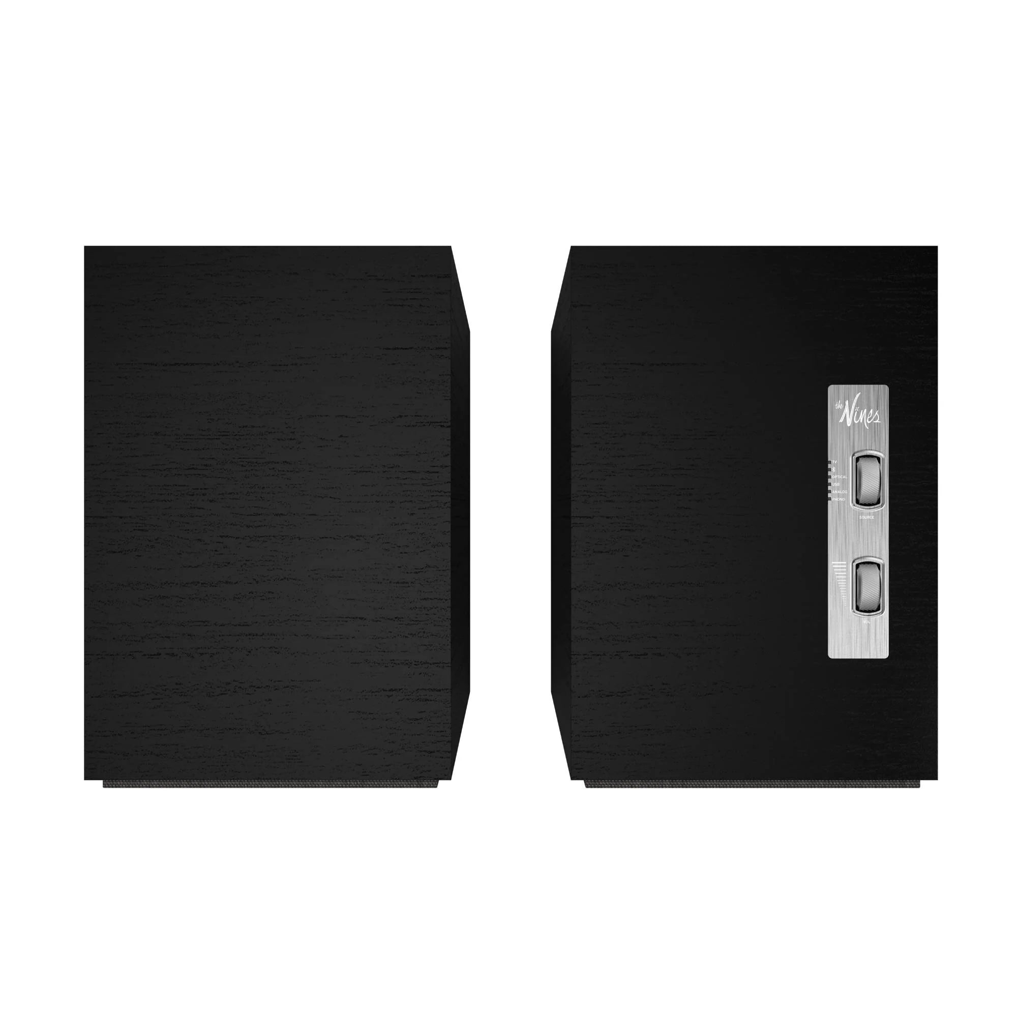 Vedere de sus boxe active Klipsch The Nines Black, panou control metalic cu două butoane vizibile.