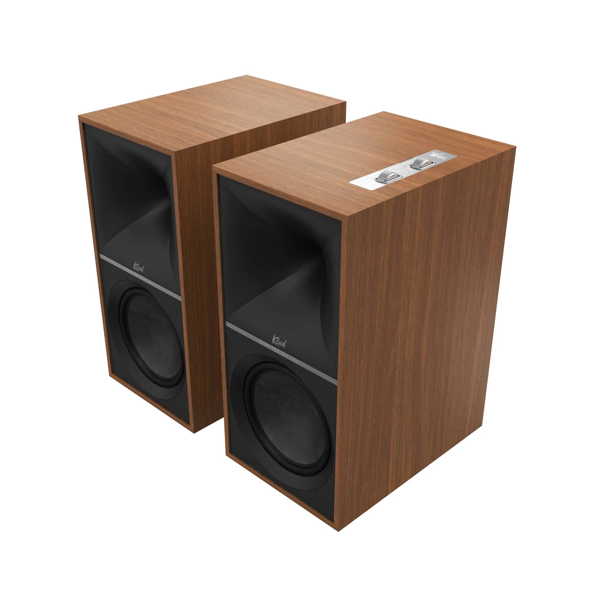 Boxe active Klipsch The Nines culoare walnut, vedere frontală oblică, grile detașate, controale sus.