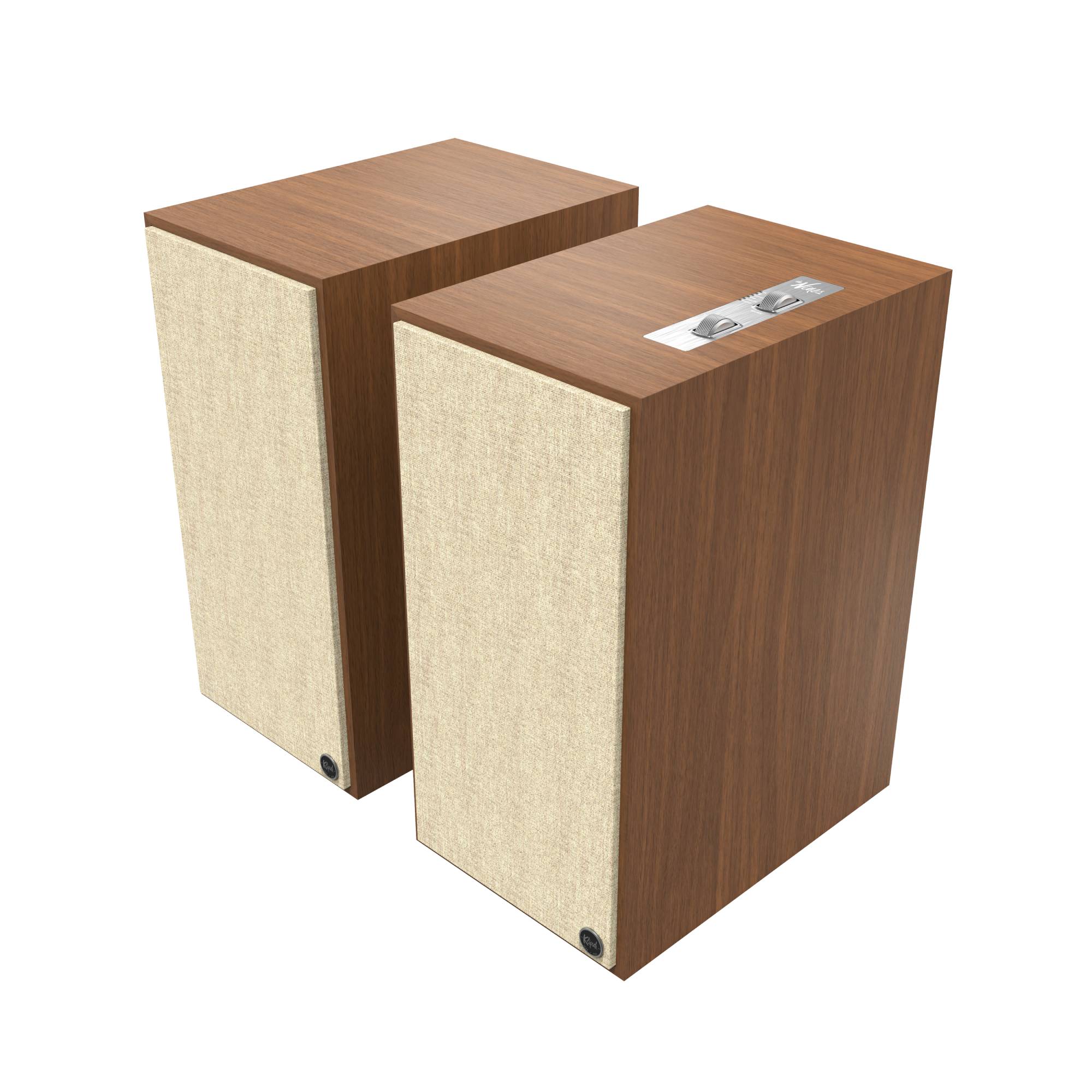 Boxe active Klipsch The Nines culoare nuc, vedere de sus-spate cu grile frontale montate și panou control.