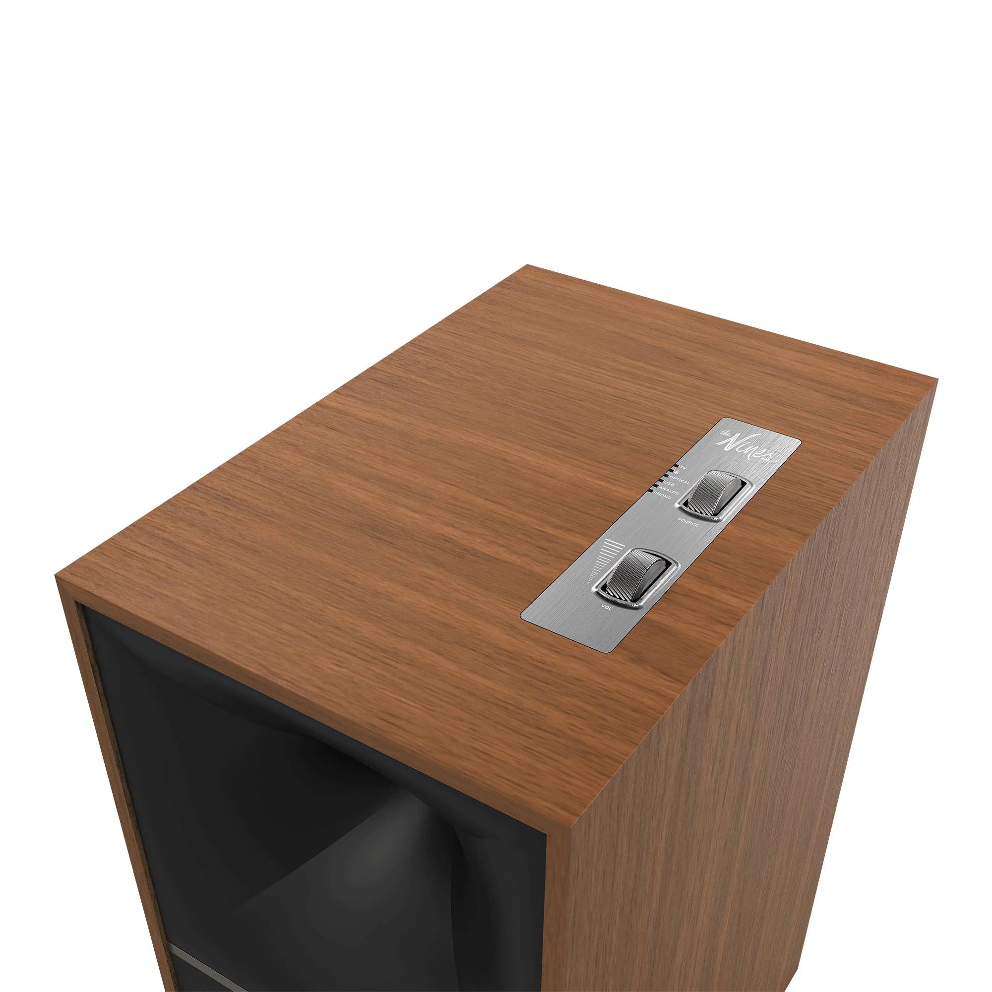 Boxă activă Klipsch The Nines culoare Walnut, vedere de sus cu panou metalic și butoane de control.