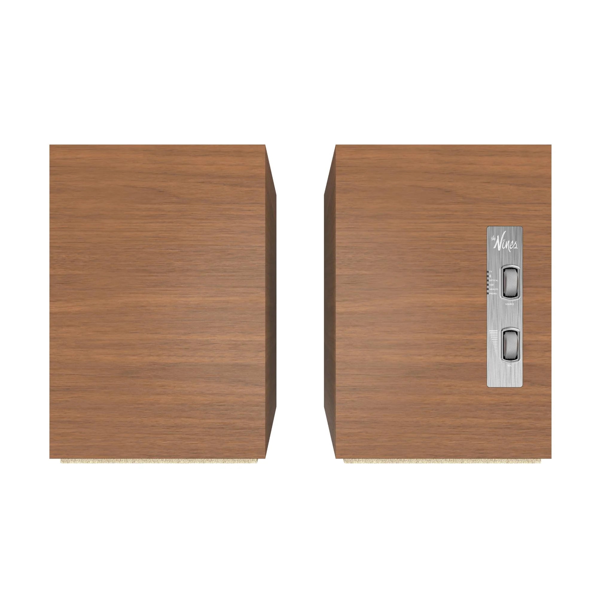 Boxe active Klipsch The Nines culoare walnut, vedere de sus, cu panou de control metalic vizibil.