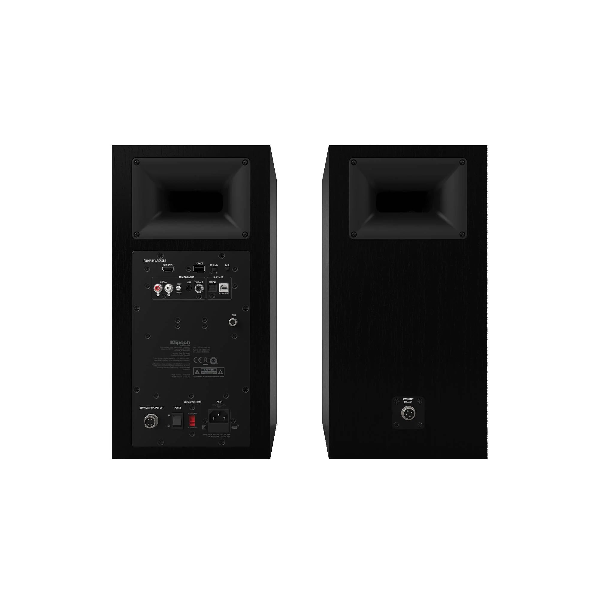 Spate boxe active Klipsch The Nines negre, cu porturi RCA, USB, HDMI, phono, optic și mufă alimentare.