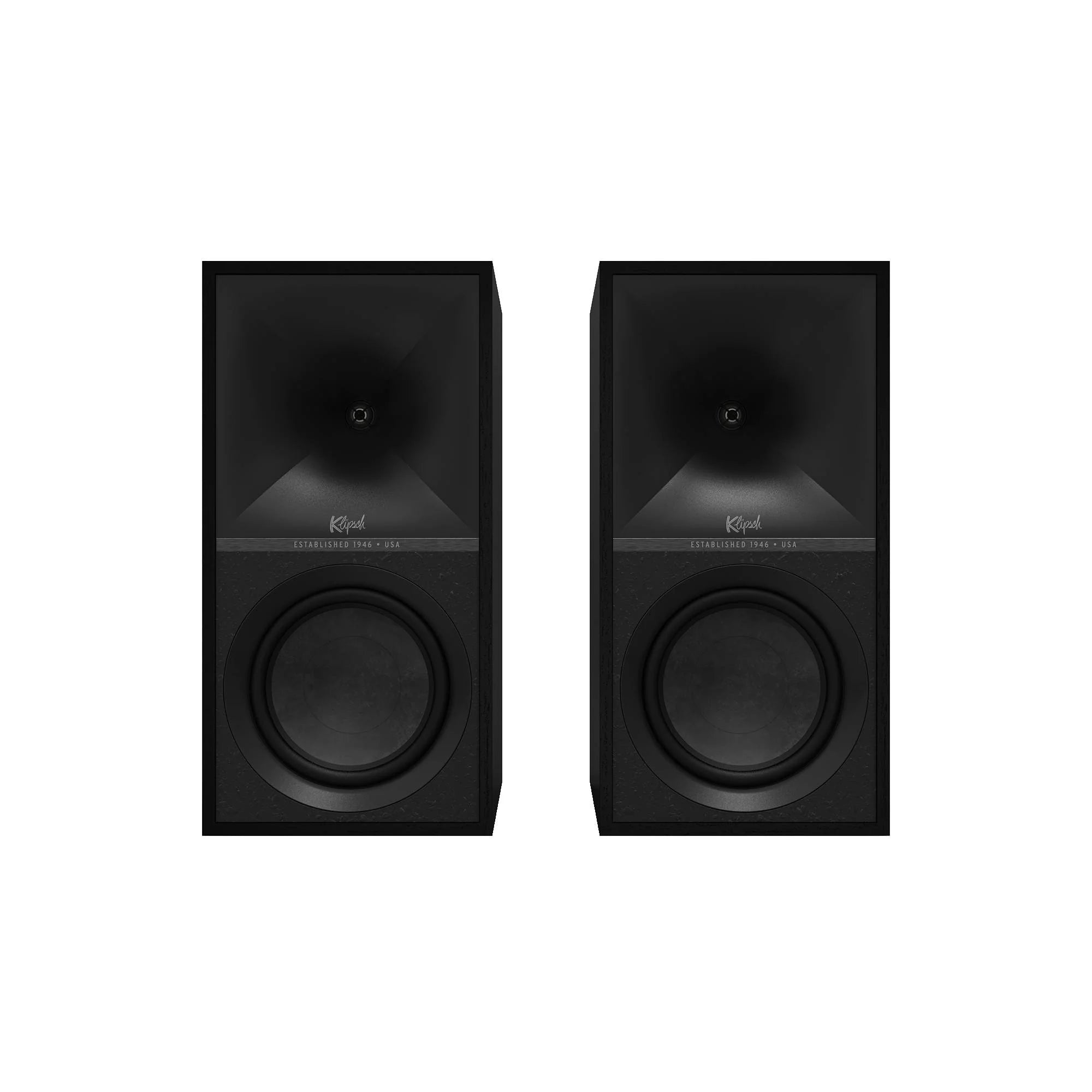 Boxe active Klipsch The Nines negre, vedere frontală fără grilaj, cu woofer și tweeter expuse.